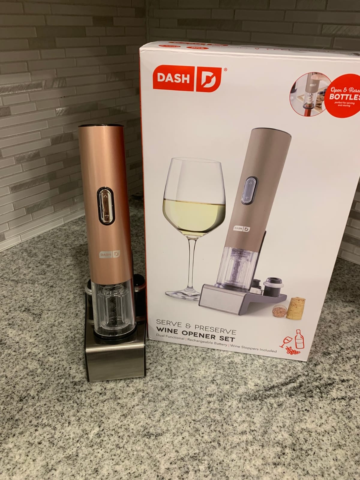 Dash Serve & Preserve Wine Set – Rechargeable Electric Wine Preservation System – Wine Bottle Opener, Vacuum Sealer, 2 Reusable Caps + Charging Base – Rose Gold customer photo 2