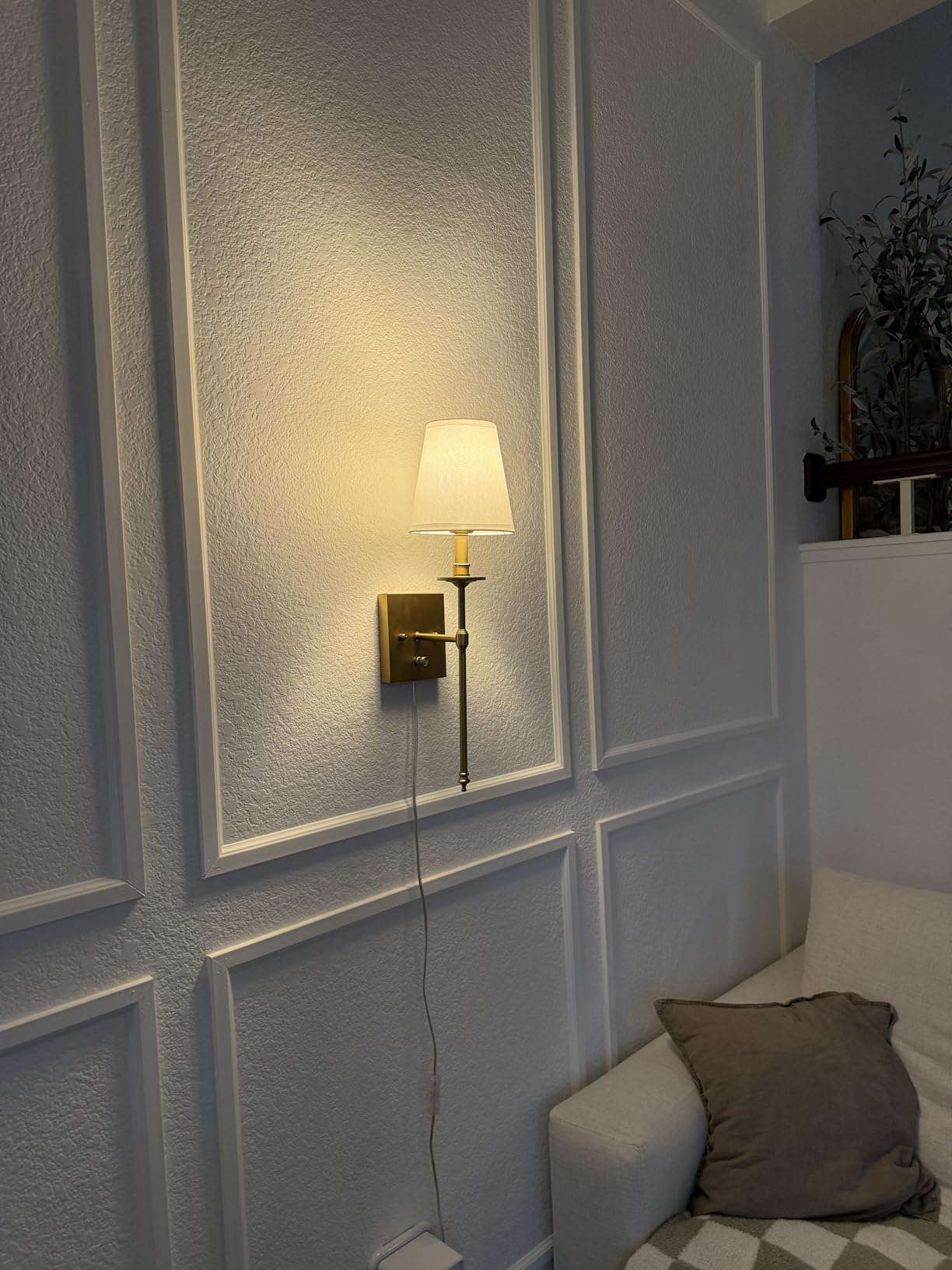 Dimmable Wall Sconces Set of Two, Plug in Wall Sconces White Fabric Shade, Wall Lamp for Bedroom, Living room, Plug in Wall Light Sconces Wall Decor Set of 2, LED Bulbs Included, Antique Brass customer photo 1