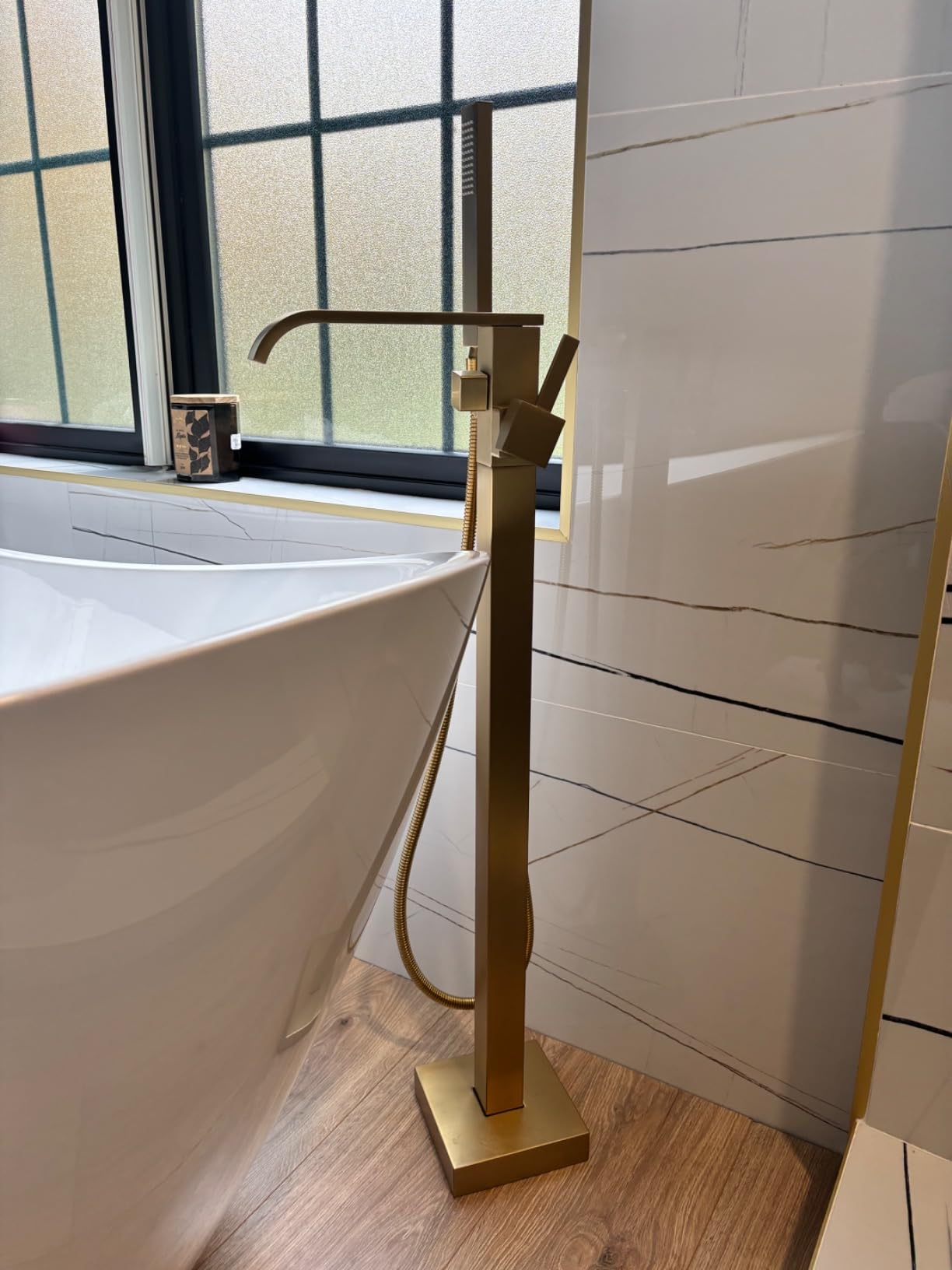 Freestanding Bathtub Faucet Brushed Nickel Tub Filler Floor Mount Single Handle Brass Tap with Handheld Shower and Swivel Mixer Spout customer photo 1
