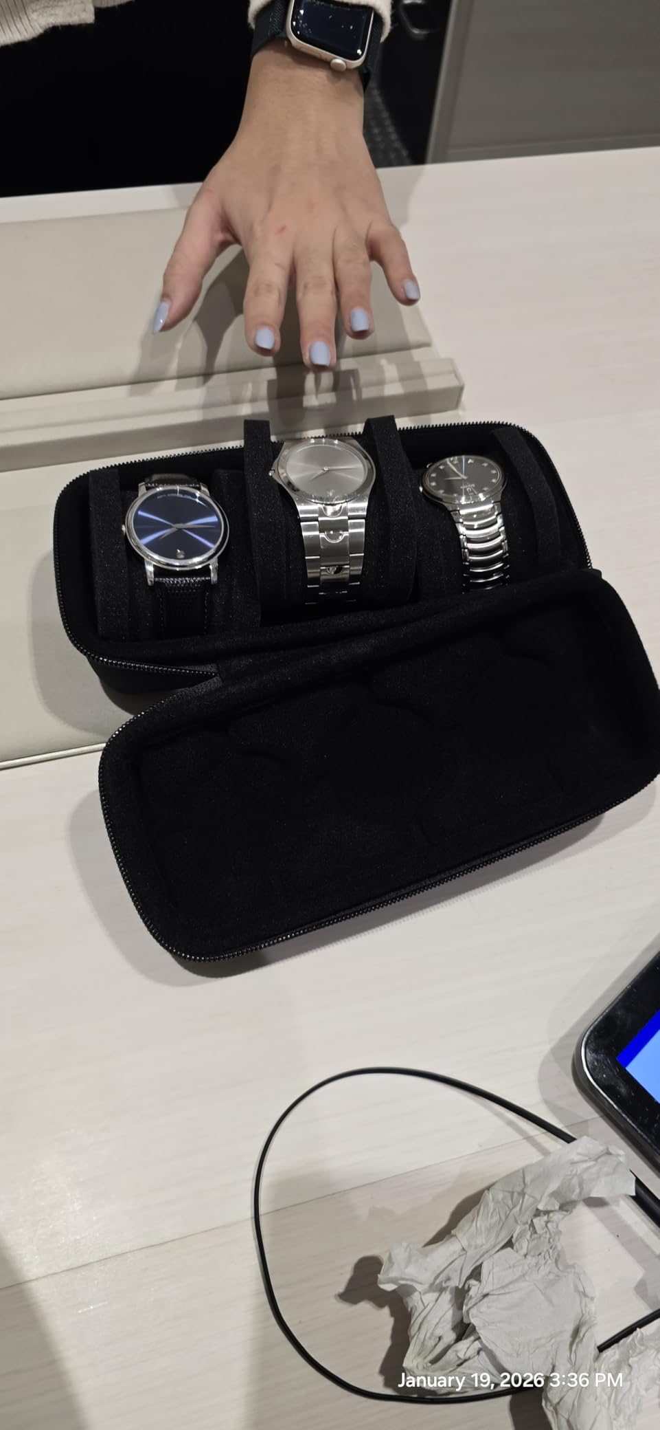 3 Slot Hard Watch Travel Case, Watch Roll Case Storage and Organizer for Men and Women, with anti-move watch pillow (Black fabric 3Slots) customer photo 1