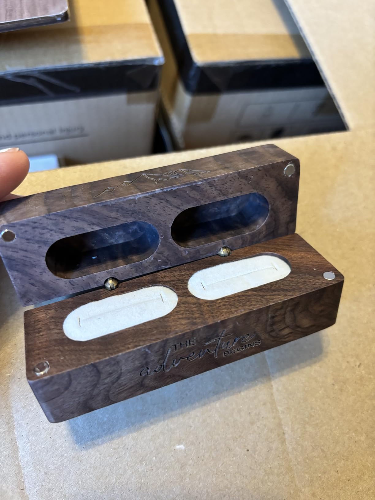 Engraved Flip Wooden 2 Ring box for wedding -Rustic Vintage Solid Wood rectangle Jewelry Storage Box customer photo 2