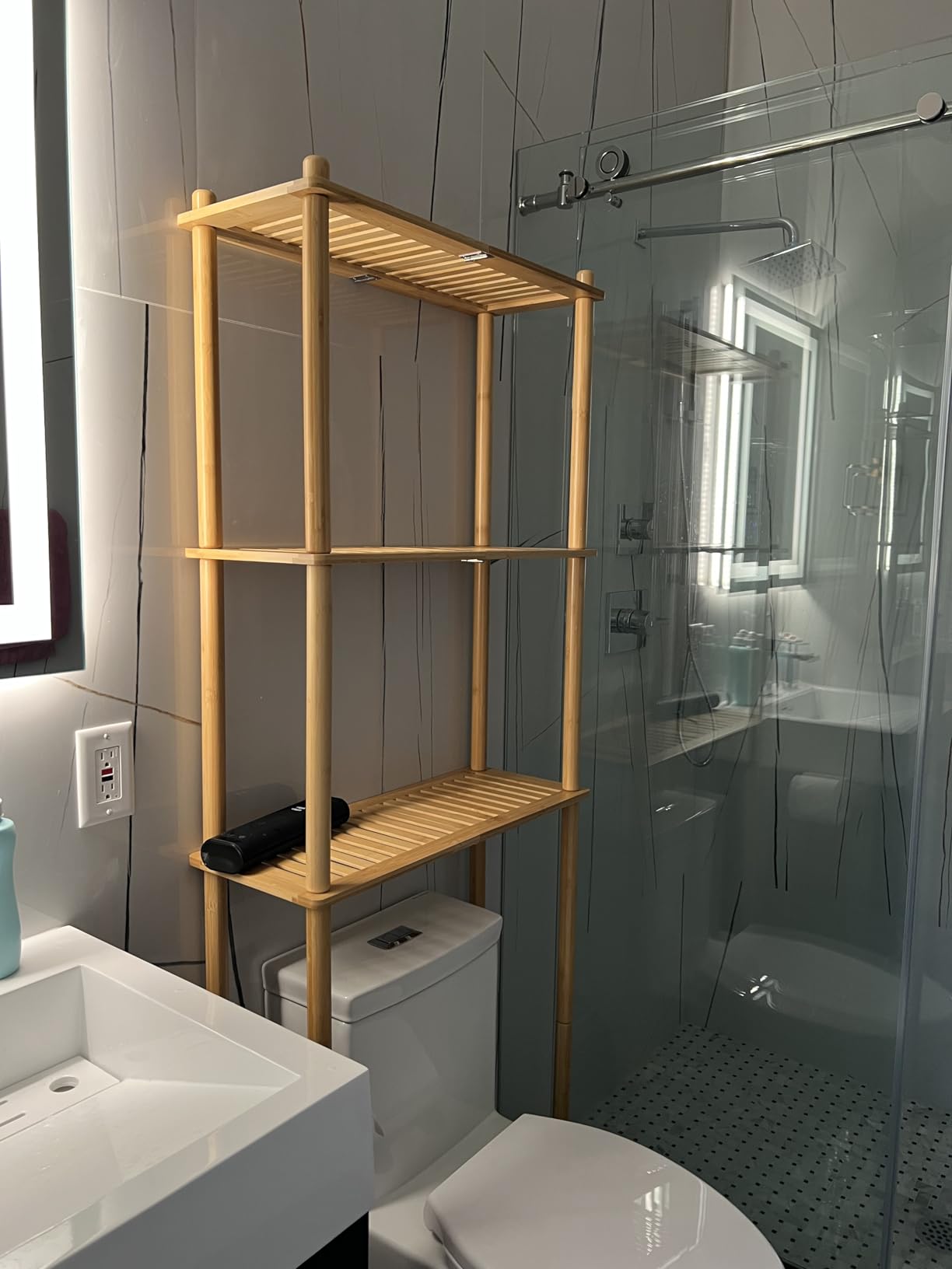 AmazerBath Bamboo Over The Toilet Storage Shelf, 3-Tier Bathroom Over Toilet Organizer Rack, Freestanding Above Toilet Shelf for Bathroom, Laundry, Space Saver, Natural Color customer photo 2
