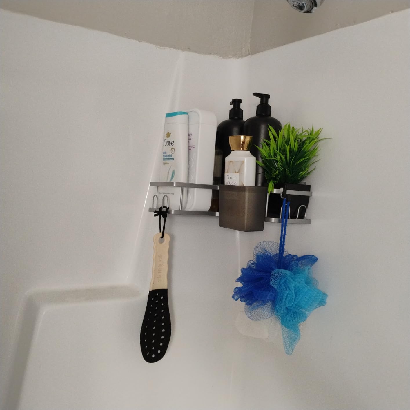 AKTECKE Corner Shower Caddy, 2 Pack Adhesive Shower Corner Organizer Shelves, No Drilling Stainless Steel Shower Storage Rack with Hooks&Toothpaste Holder for Bathroom Kitchen （for 90° Corners Only） customer photo 1