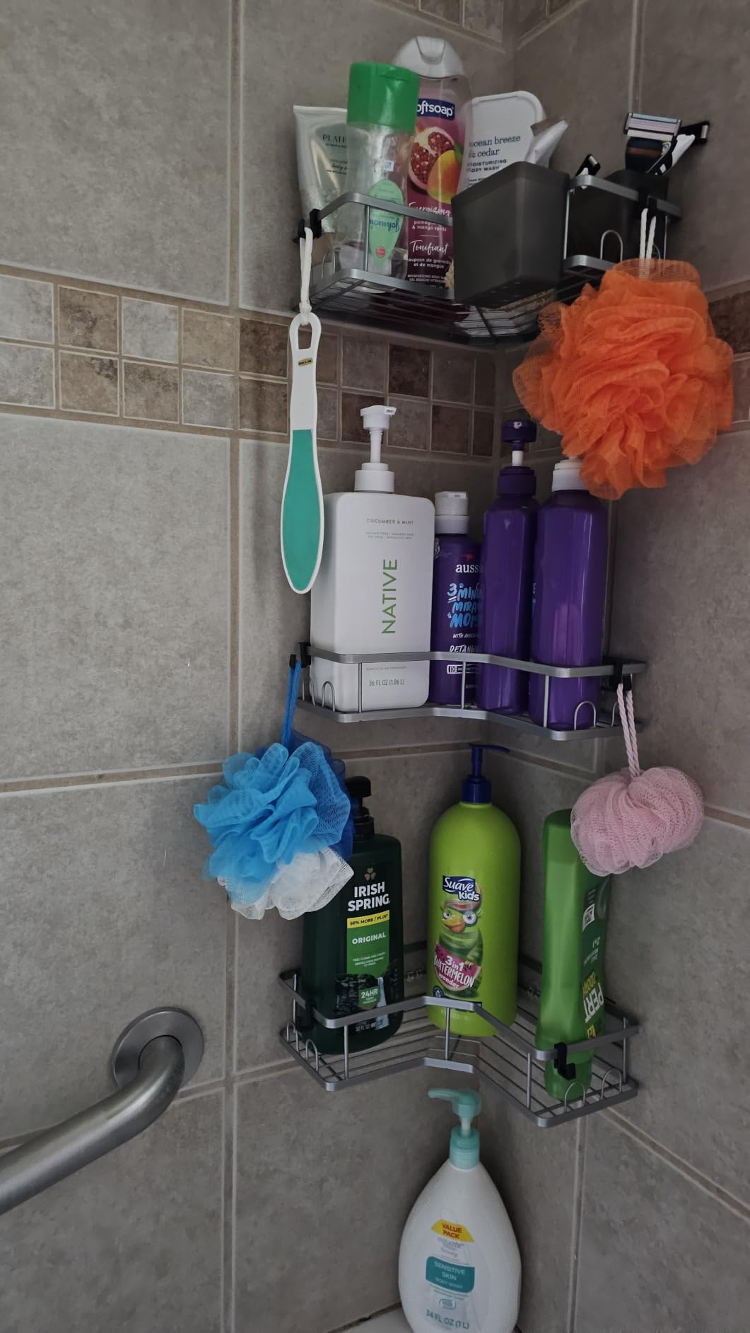 AKTECKE Corner Shower Caddy, 2 Pack Adhesive Shower Corner Organizer Shelves, No Drilling Stainless Steel Shower Storage Rack with Hooks&Toothpaste Holder for Bathroom Kitchen （for 90° Corners Only） customer photo 2