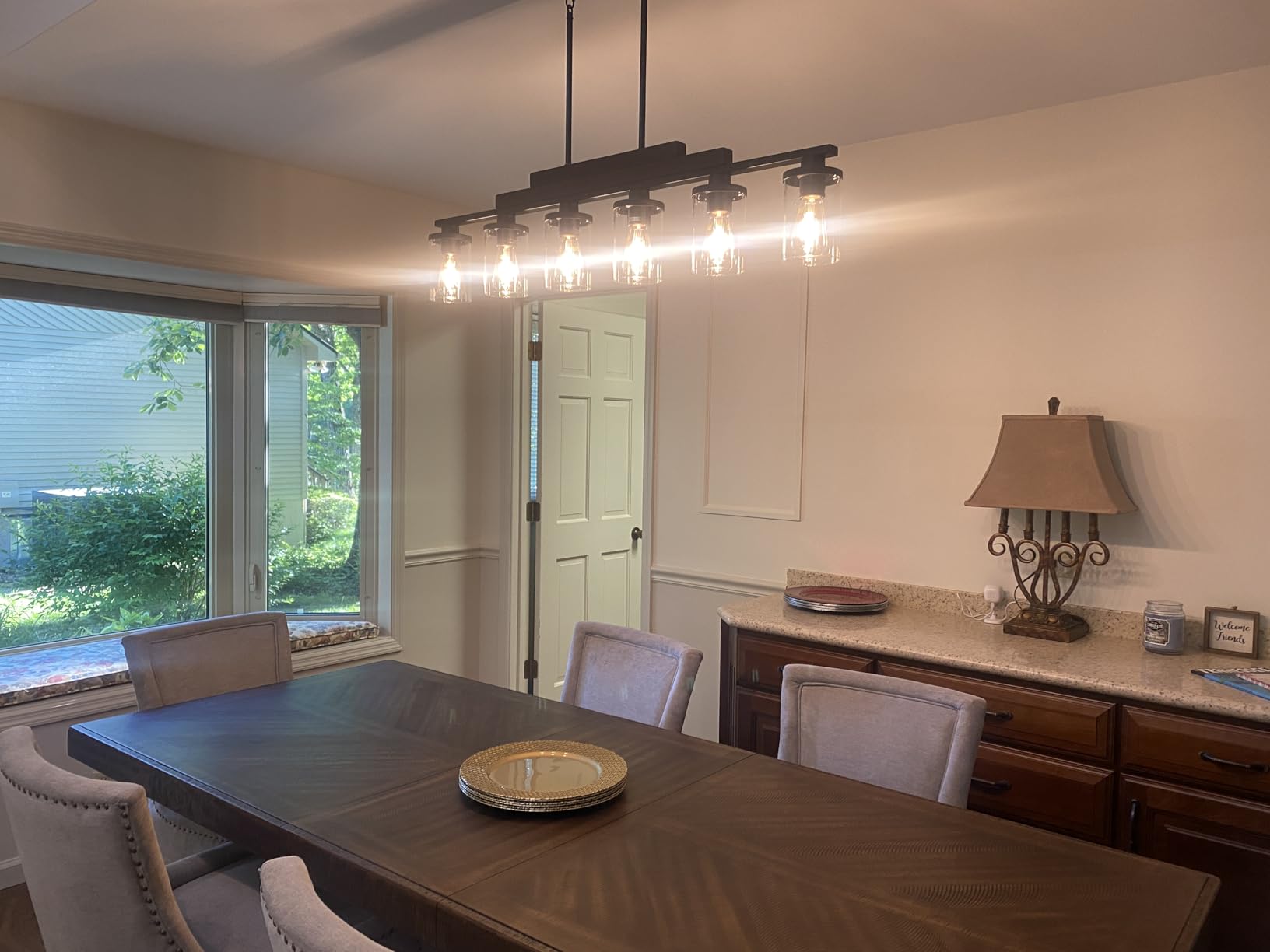 Dining Room Light Fixture/Chandelier Over Table,5-Light Kitchen Island Lighting Hanging for Farmhouse Linear Chandeliers Matte Black Rustic Wood Ceiling Pendant Light Fixtures with Clear Glass Shade customer photo 2
