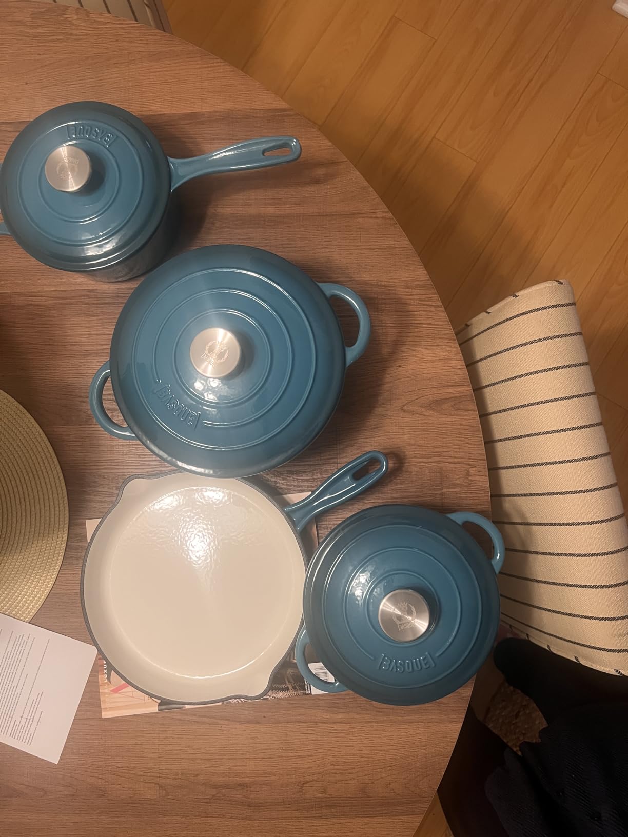 Basque Enameled Cast Iron Cookware Set, 7-Piece Set (Biscay Blue), Nonstick, Oversized Handles, Oven Safe; Skillet, Saucepan, Small Dutch Oven, Large Dutch Oven, 10.25