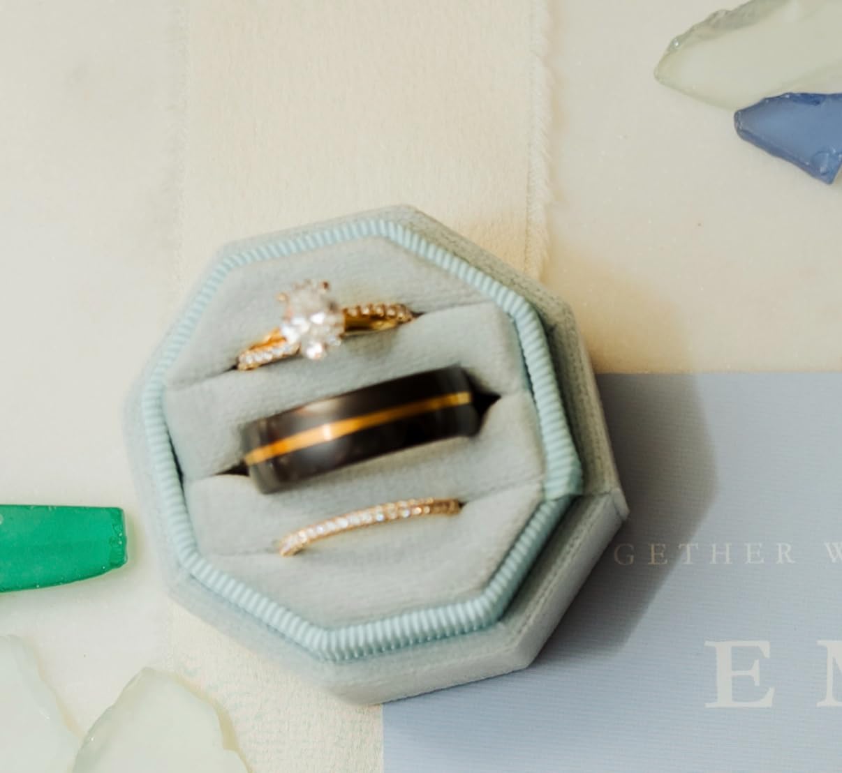 Velvet 3 Slots Jewelry Ring Box Engagement Wedding Box Keepsake Box Bridal Photo Ring Triple Slots Octagon (Champagne) customer photo 1