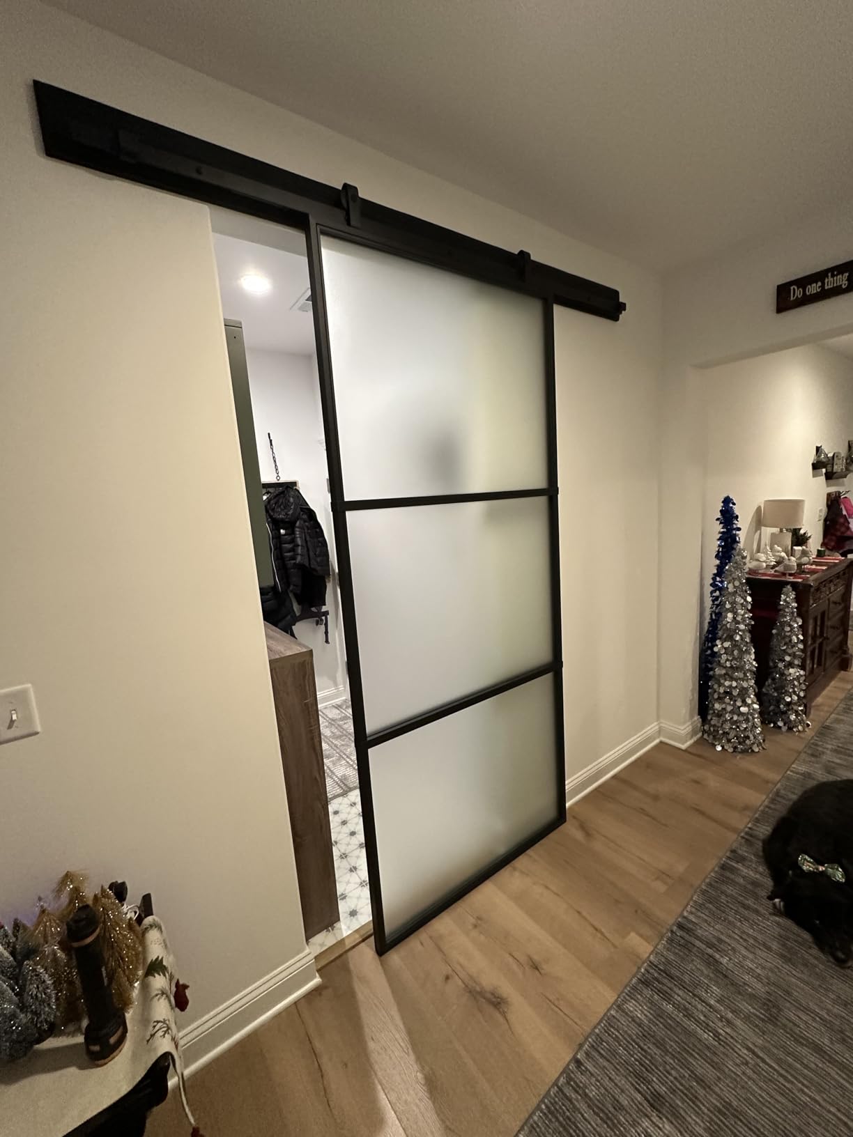 BARNSMITH 42in x 84in Frosted Glass Barn Door with 7FT Top Mounted Hardware kit Include Soft Close Mechanism Black Carbon Steel Tempered Frosted Glass Sliding Door, Assemble Required Easy Installation customer photo 2