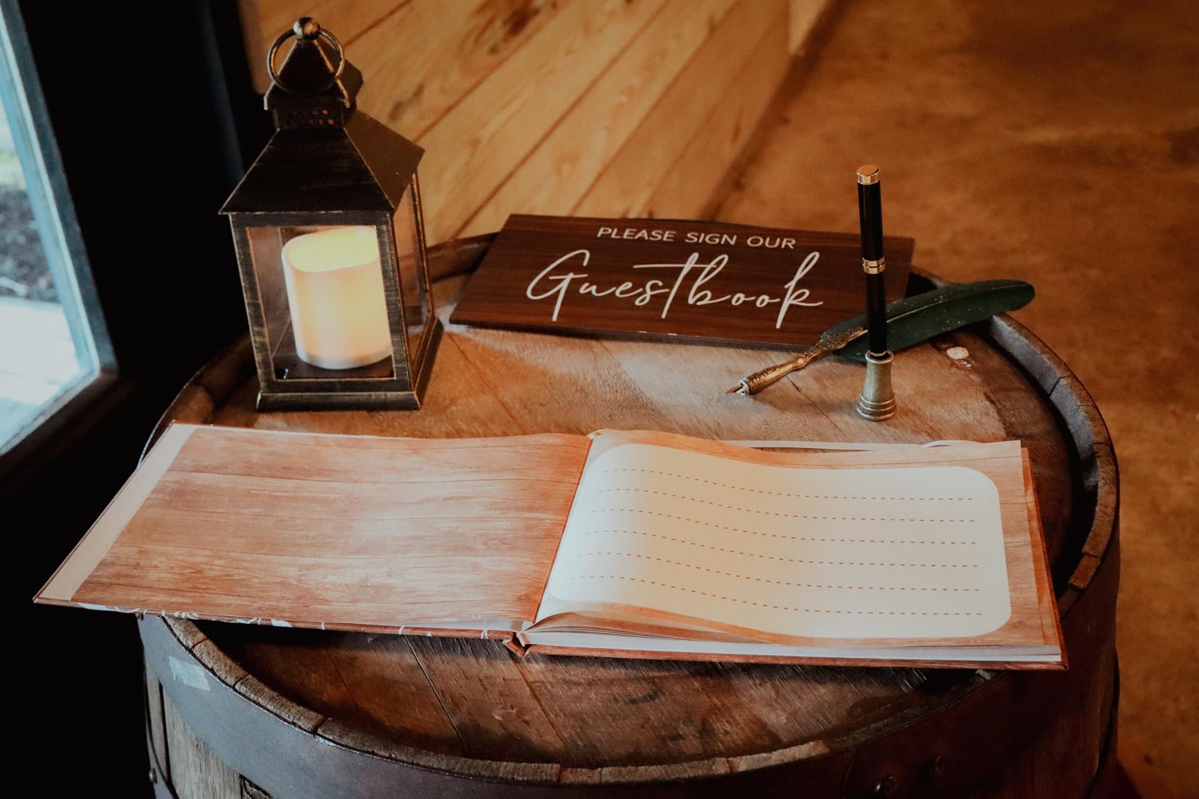 Funrous Wood Grain Wedding Guest Book with Pen, Rustic Leaves Sign in customer photo 2
