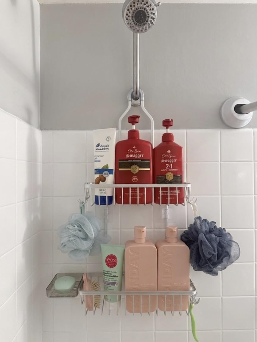 YASONIC Never Rust Shower Caddy Hanging, Aluminum Shower Racks for Inside Shower, 3-Tier Shower Organizer Hanging Over Shower Head with Hooks and Soap Holder, Silver customer photo 2