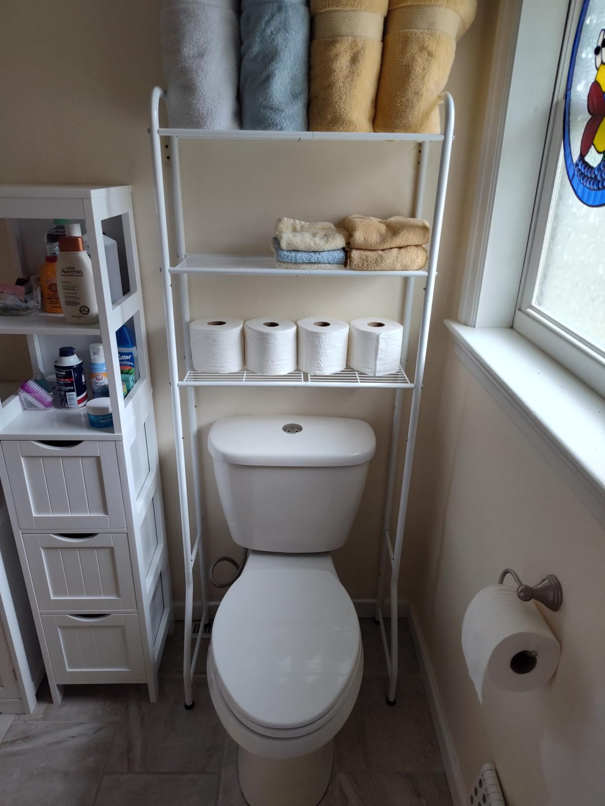 Simple Trending Over The Toilet Storage Rack, Metal 3 Tier Bathroom Organizer Shelf with Paper Holder and 3 Hooks, Freestanding Shelf Space Saver Above Toilet, White customer photo 2