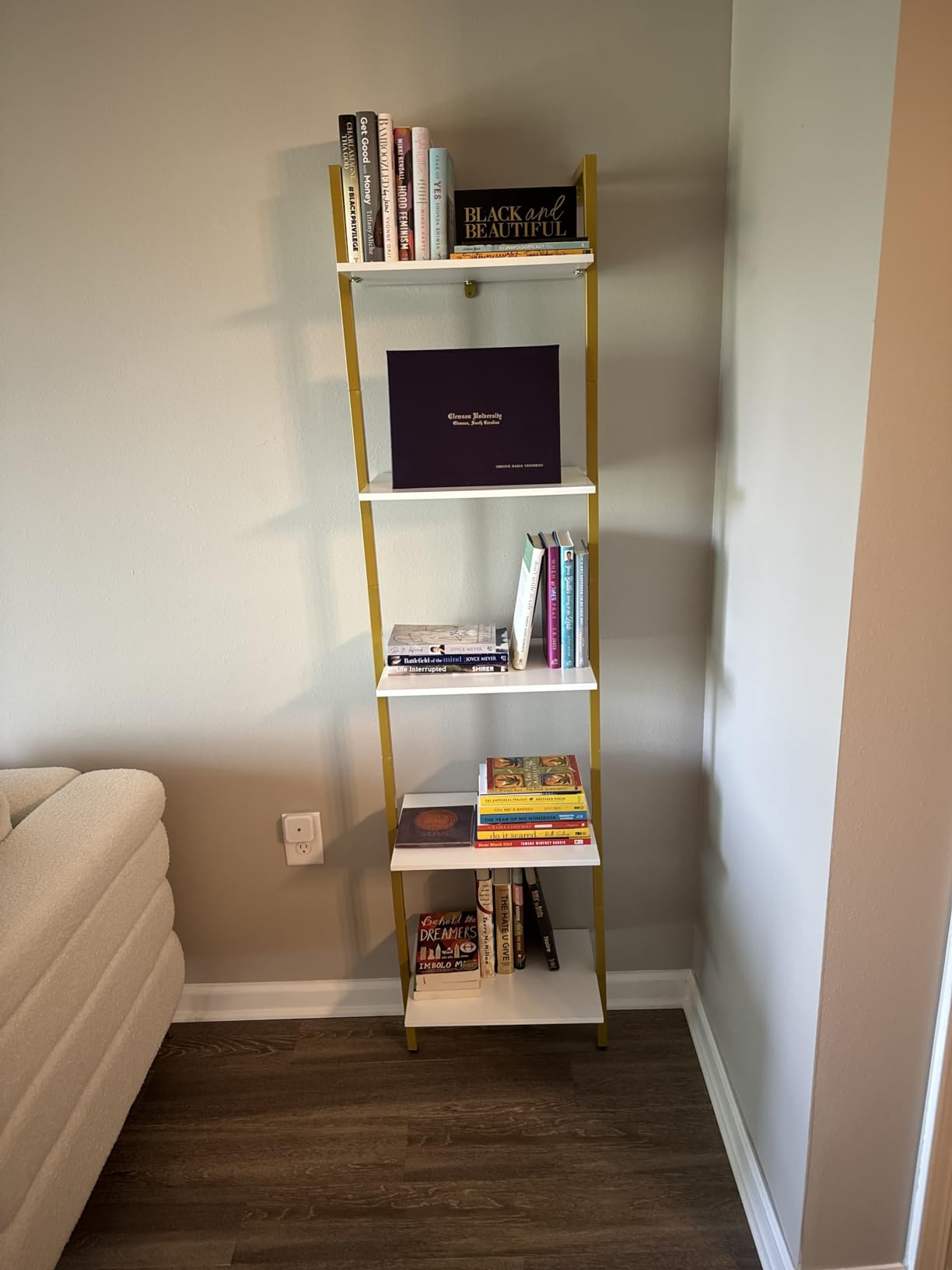 YMYNY 5 Tiers Narrow Ladder Bookcase, Industrial Wall Mounted Bookshelf, Open Display Rack with Metal Frame, Wooden Storage Shelves for Bedroom, Home Office, Living Room, Black, 70*17.3*11.8