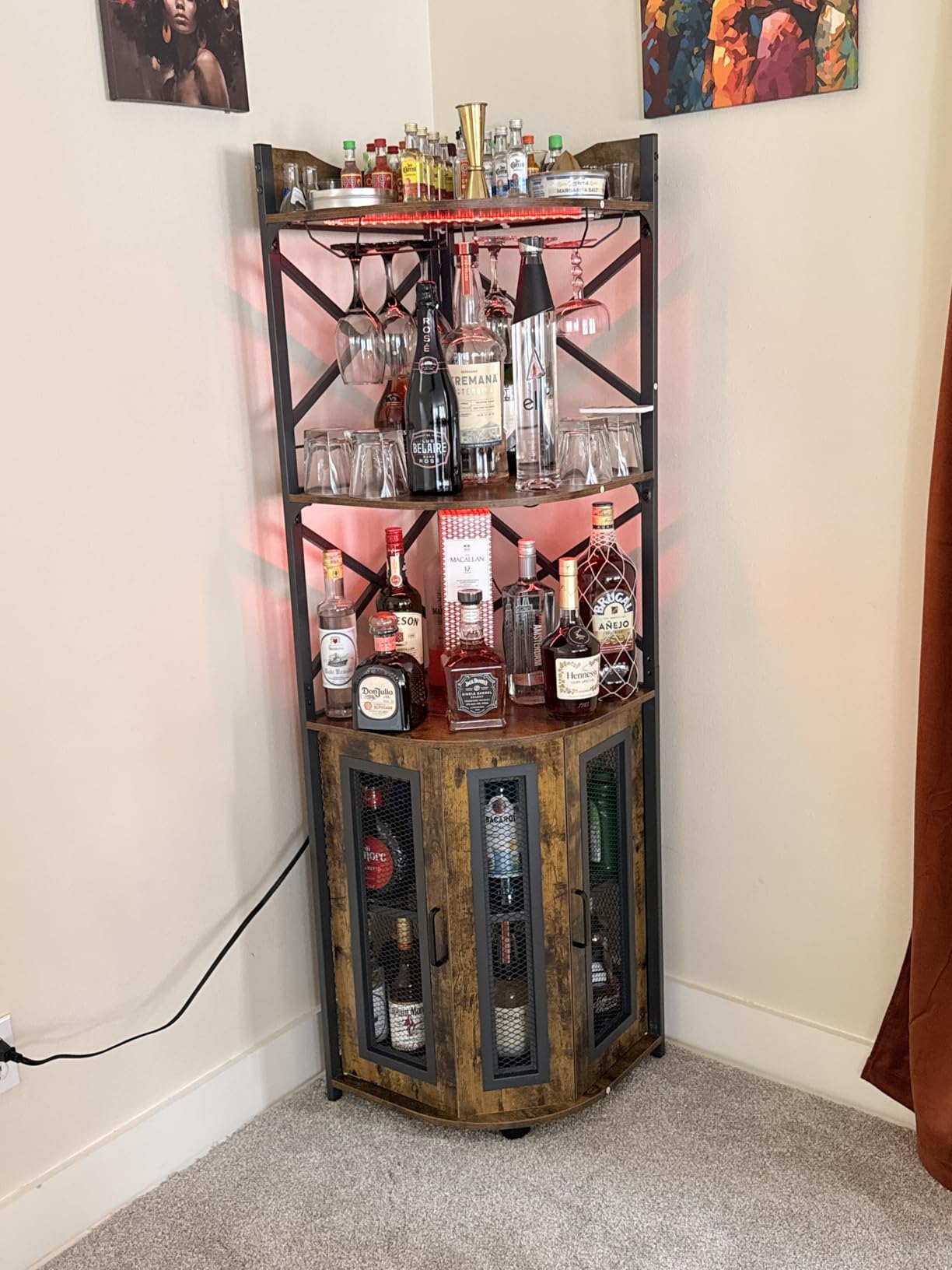 Aheaplus Corner Bar Cabinet with Power Outlet, Industrial Liquor Cabinet customer photo 1