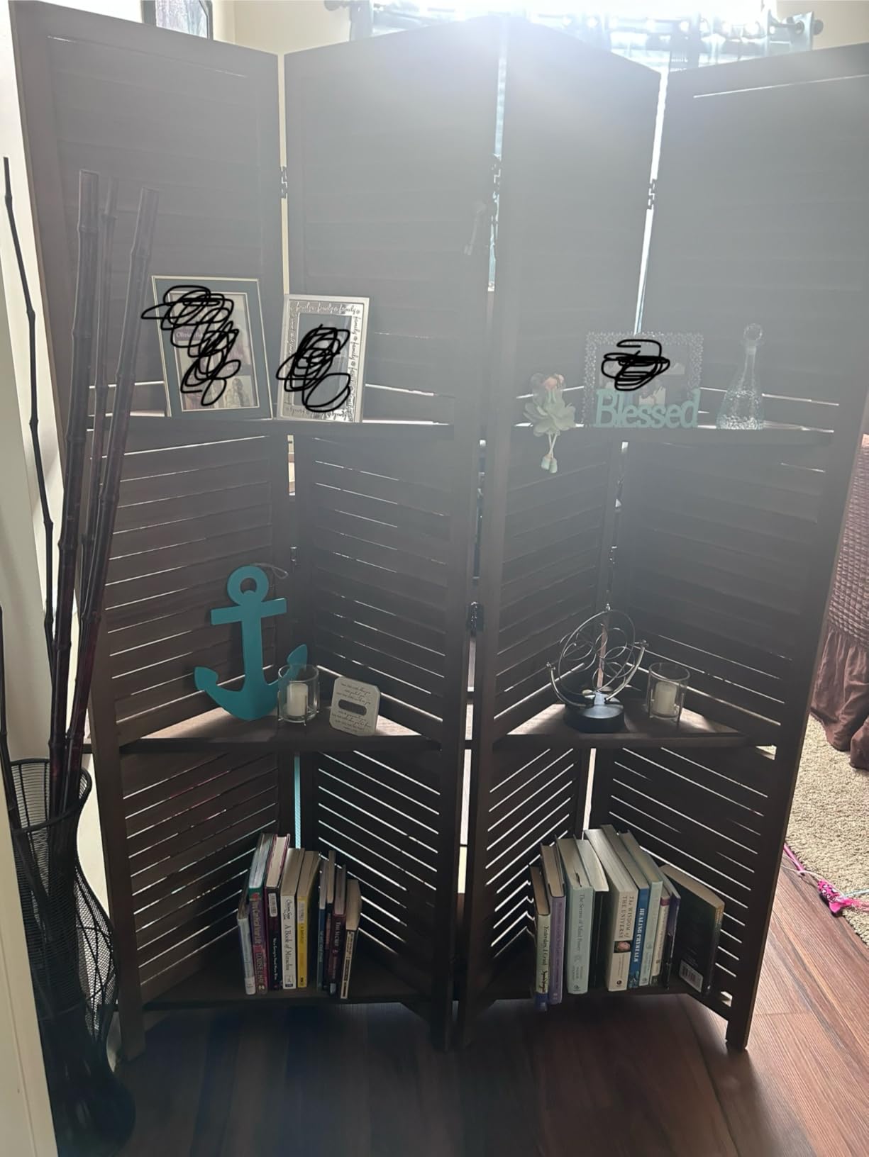 Partition Room Dividers, Folding Wood Privacy Screen with Three Display Shelves Suitable for Home Office, Study, Art Display - 6 Panel, 67 * 77inch (Brown) customer photo 1