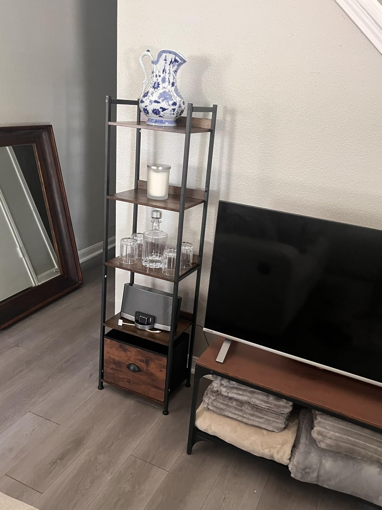 Furologee 5 Tier Bookshelf with Drawer, Tall Narrow Bookcase with Shelves, Wood and Metal Bookshelves Storage Organizer, Industrial Display Standing Shelf Unit for Bedroom, Living Room, Rustic Brown customer photo 2