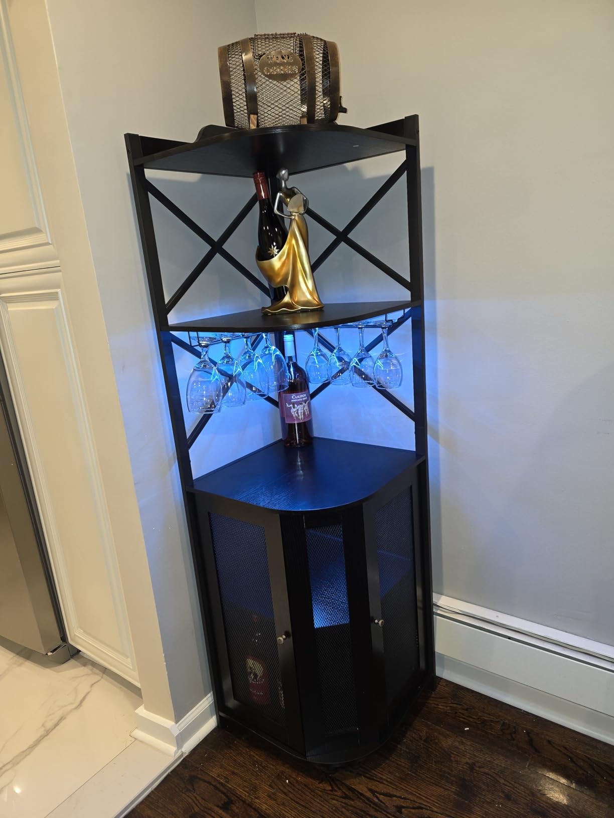 JKsmart Corner Bar Cabinet with LED Lights, 5-Tier Industrial Wine Bar Cabinet with Glass Holder, Farmhouse Liquor Cabinets with Shelf and Door, Home Bar for Coffee Bars, Rustic Brown customer photo 1