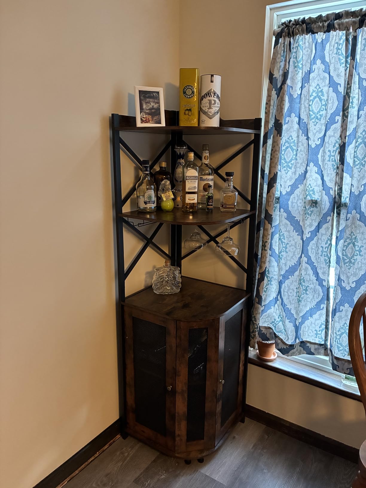 JKsmart Corner Bar Cabinet with LED Lights, 5-Tier Industrial Wine Bar Cabinet with Glass Holder, Farmhouse Liquor Cabinets with Shelf and Door, Home Bar for Coffee Bars, Rustic Brown customer photo 2