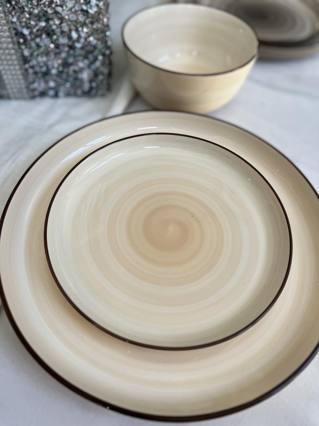 Sweese Plates and Bowls Sets, 18 Piece Dinnerware Set Porcelain Round Dinner Set for 6, Scratch Resistant Dishes Set, Dishwasher and Oven Microwave Safe Handpainted Swirl Dishware Sets, Neutral customer photo 1