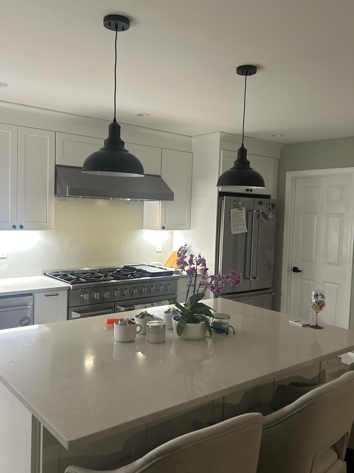 2PCS Matte Black Pendant Lights, Farmhouse Pendant Lamp with Metal Shade (White Inside), Industrial Pendant Lighting for Kitchen Island, Dining Room, Bedroom, Hallway, 316-2 customer photo 1