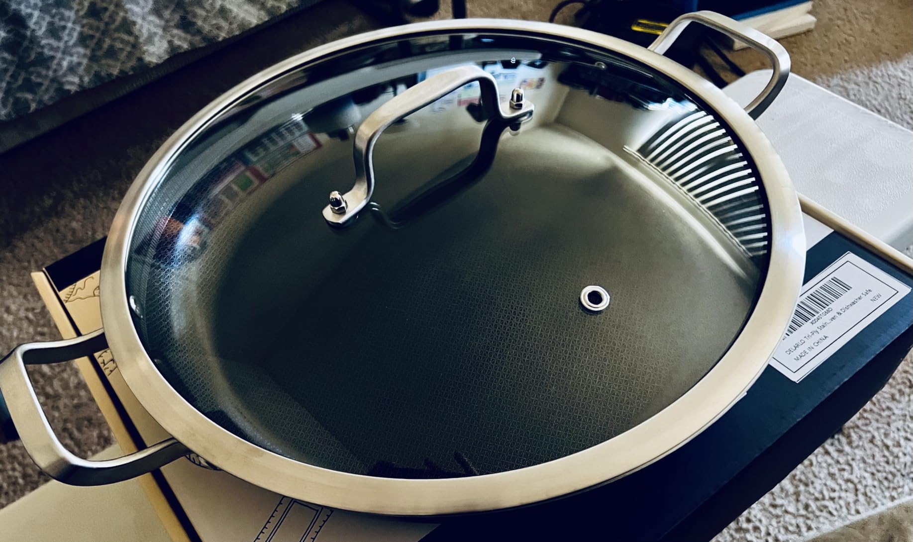 DELARLO Paella Pan 14 Inch Tri-Ply Stainless Steel Paella Pan with Lid, Jumbo Frying Pan, kitchen Induction Large Skillets,Great for Paella Parties Indoors Outdoors,Heavy Duty Style customer photo 1