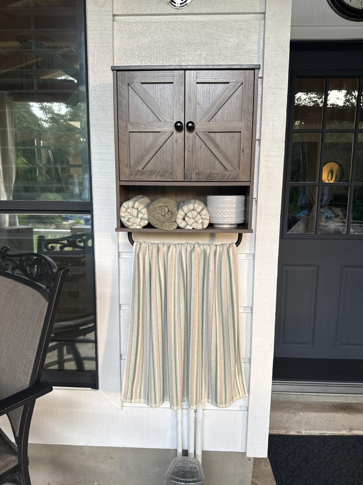 CHOEZON Bathroom Wall Cabinet, Medicine Cabinet with Open Partition and Towel Bar, Rustic Storage Cabinet with Open and Hidden Storage Space, for Bathroom, Living Room, Kitchen, White and Walnut customer photo 2