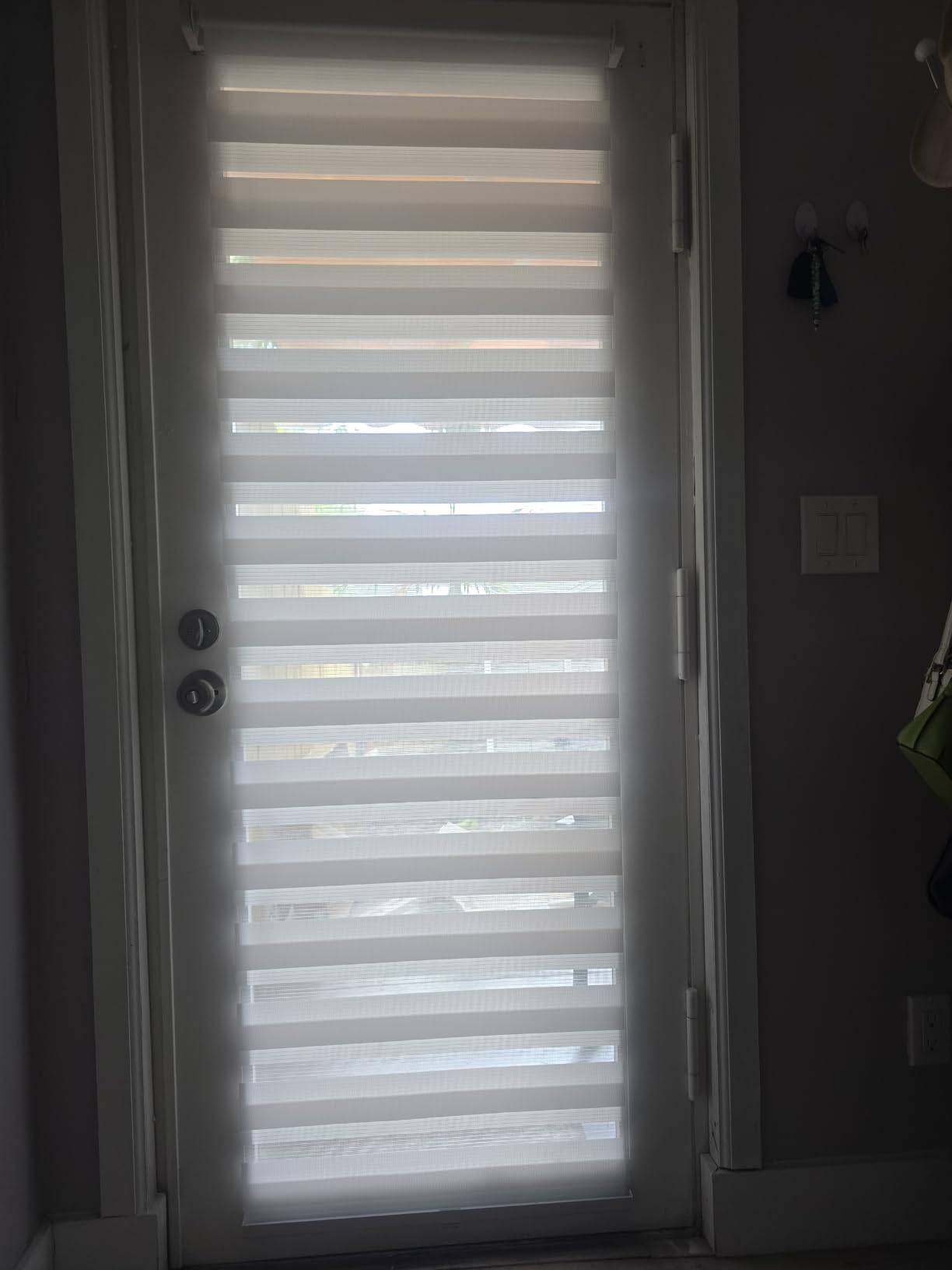 LazBlinds Cordless French Door Blinds, No Drill Roll Up Zebra Blinds for Doors, Light Control Day and Night Sheer Shades for Front Door Patio Sidelight Glass Door, 14'' W x 70'' L, White customer photo 2