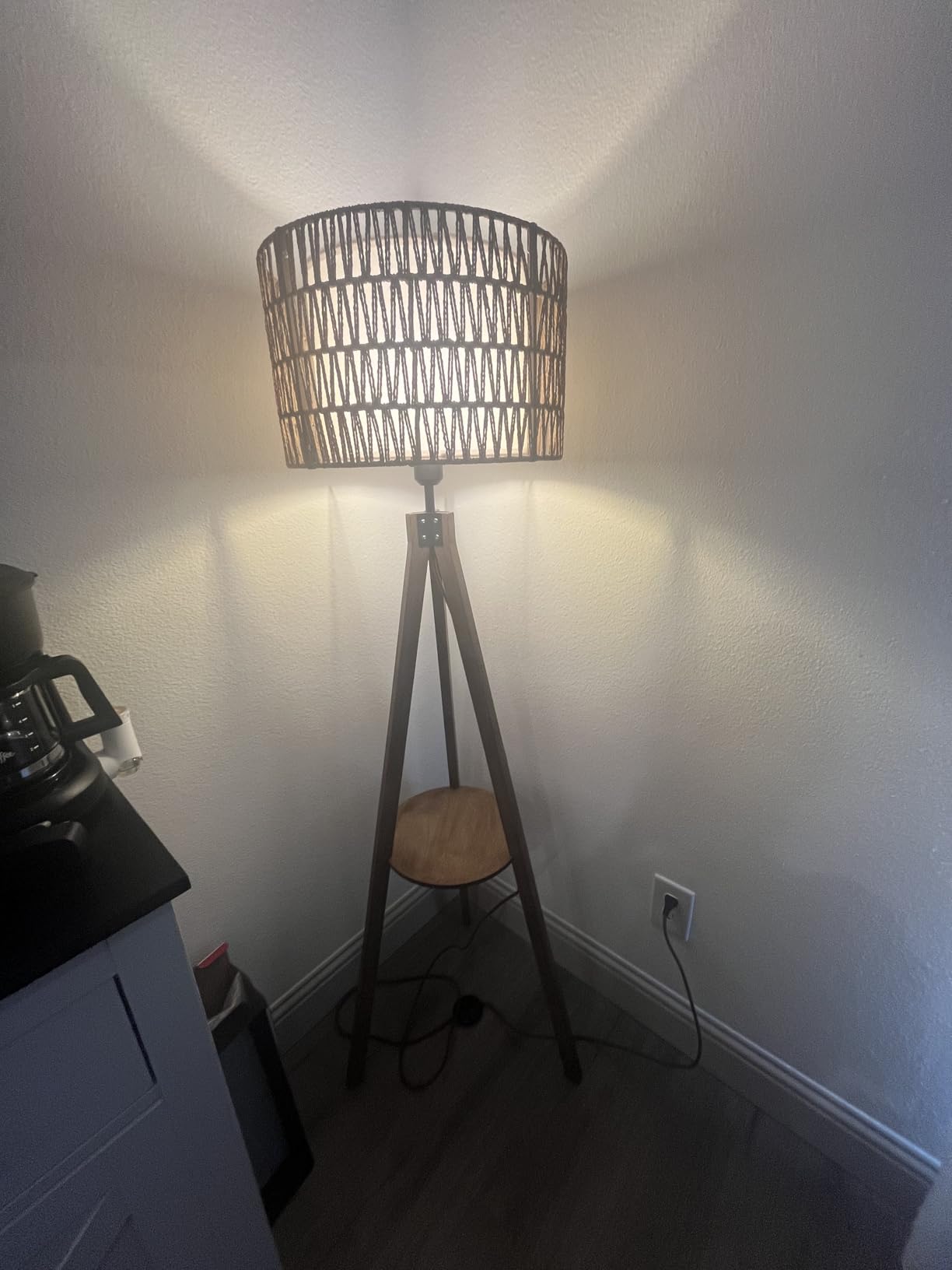 LAMSU Boho Tripod Floor Lamps for Living Room, Rattan Wood Floor Lamp with Fabric Shades, Mid Century Standing Lamp with Shelf, Foot Switch, Modern Farmhouse Tall Lamps for Bedroom Office Brown customer photo 1
