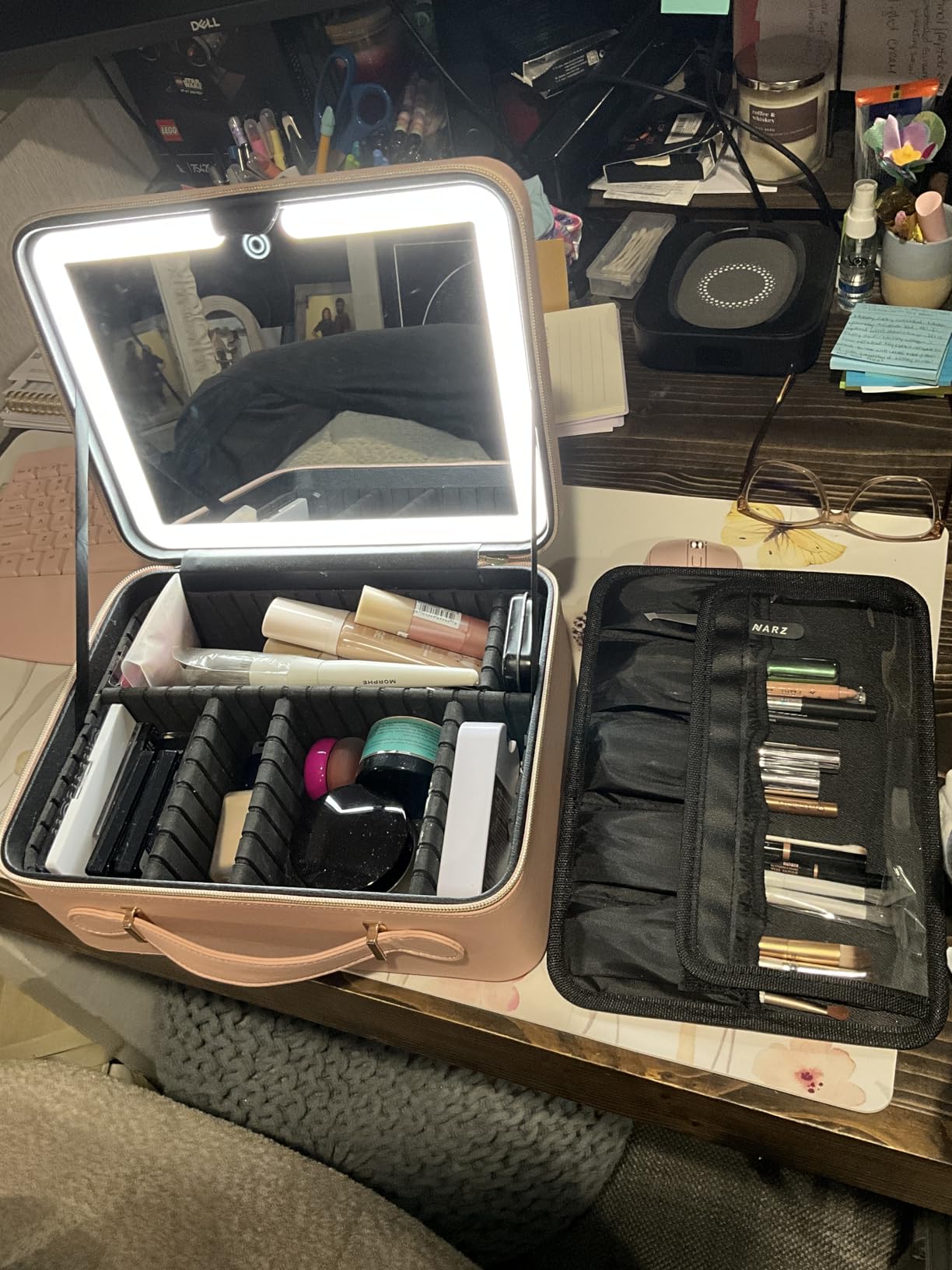 Faquenc Leather Makeup Case with LED Lighted Mirror 11.4 Inch Travel Makeup Bag Adjustable Brightness in 3 Colors Cosmetic Organizer Artist Storage Bag with Dividers Brush Holder Bag Vanity White customer photo 2