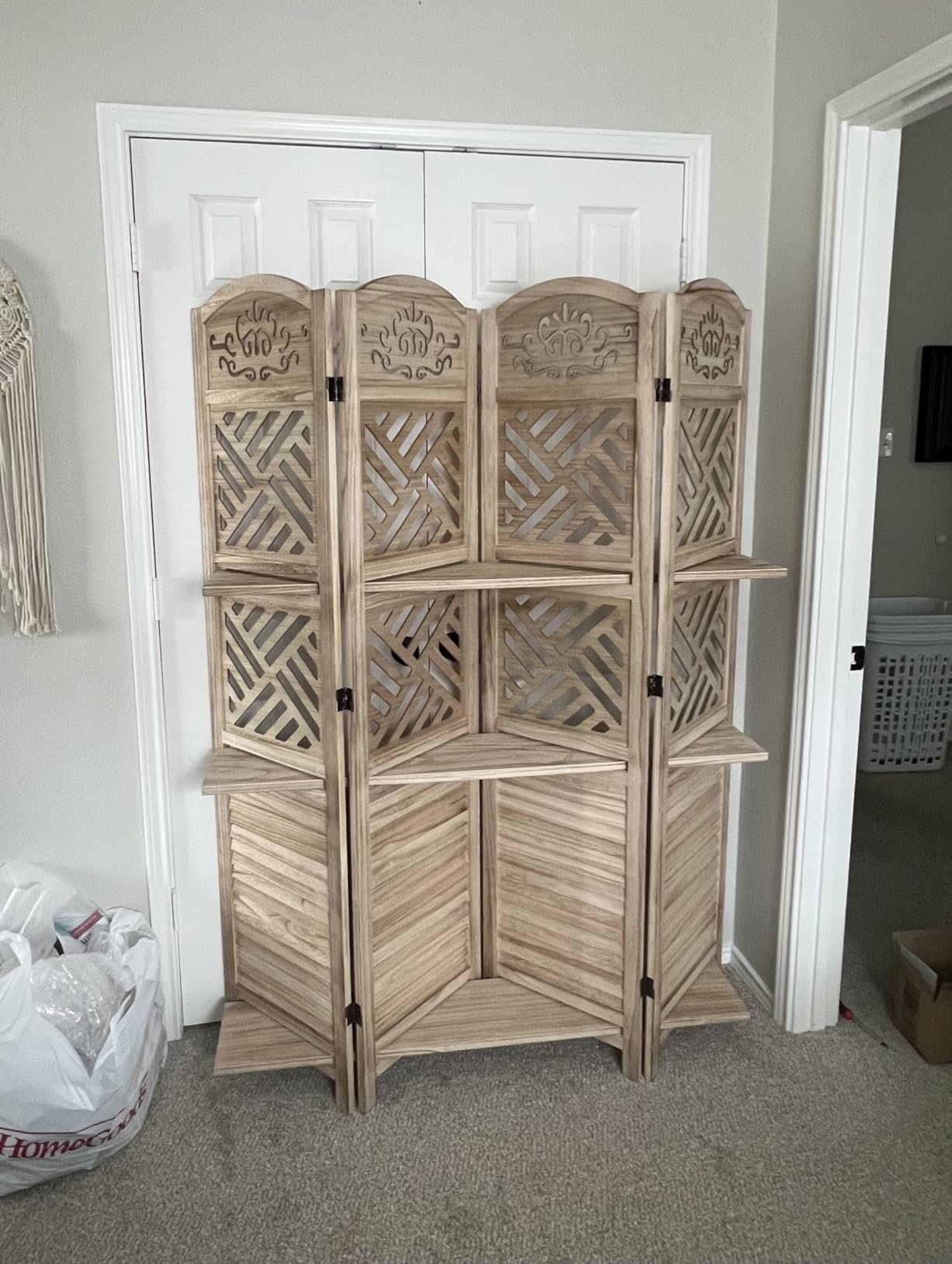 Room Divider with Shelves, 5.75ft Tall Folding Wood Carved Screen with Double Hinges for Home Office Bedroom Hotel Decoration (6 Panels, Natural) customer photo 1