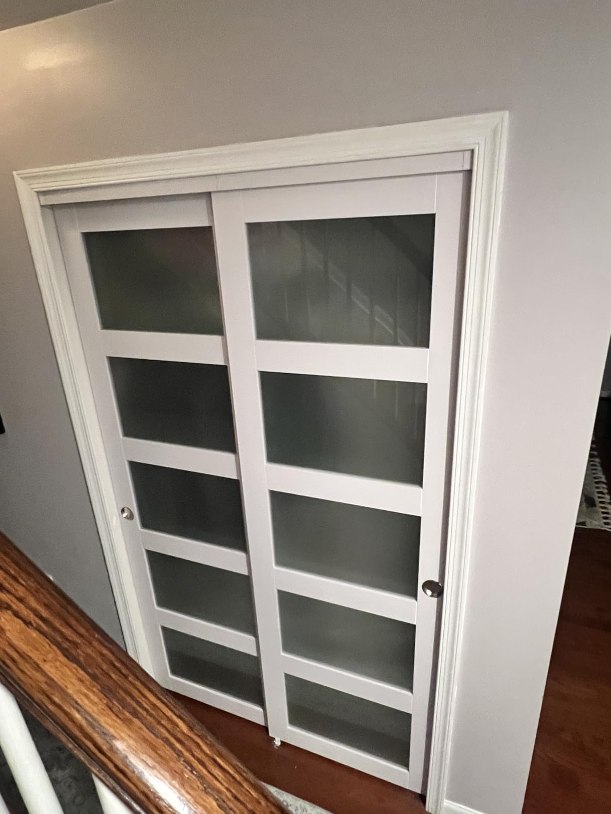 Finosen Bypass Sliding Closet Door Slab, 60 x 80 in (Double 31 inch), 5-Lite Frosted Glass, Barn Door with Hardware Kit Included, Need to Assemble, MDF with PVC Surface, White customer photo 2