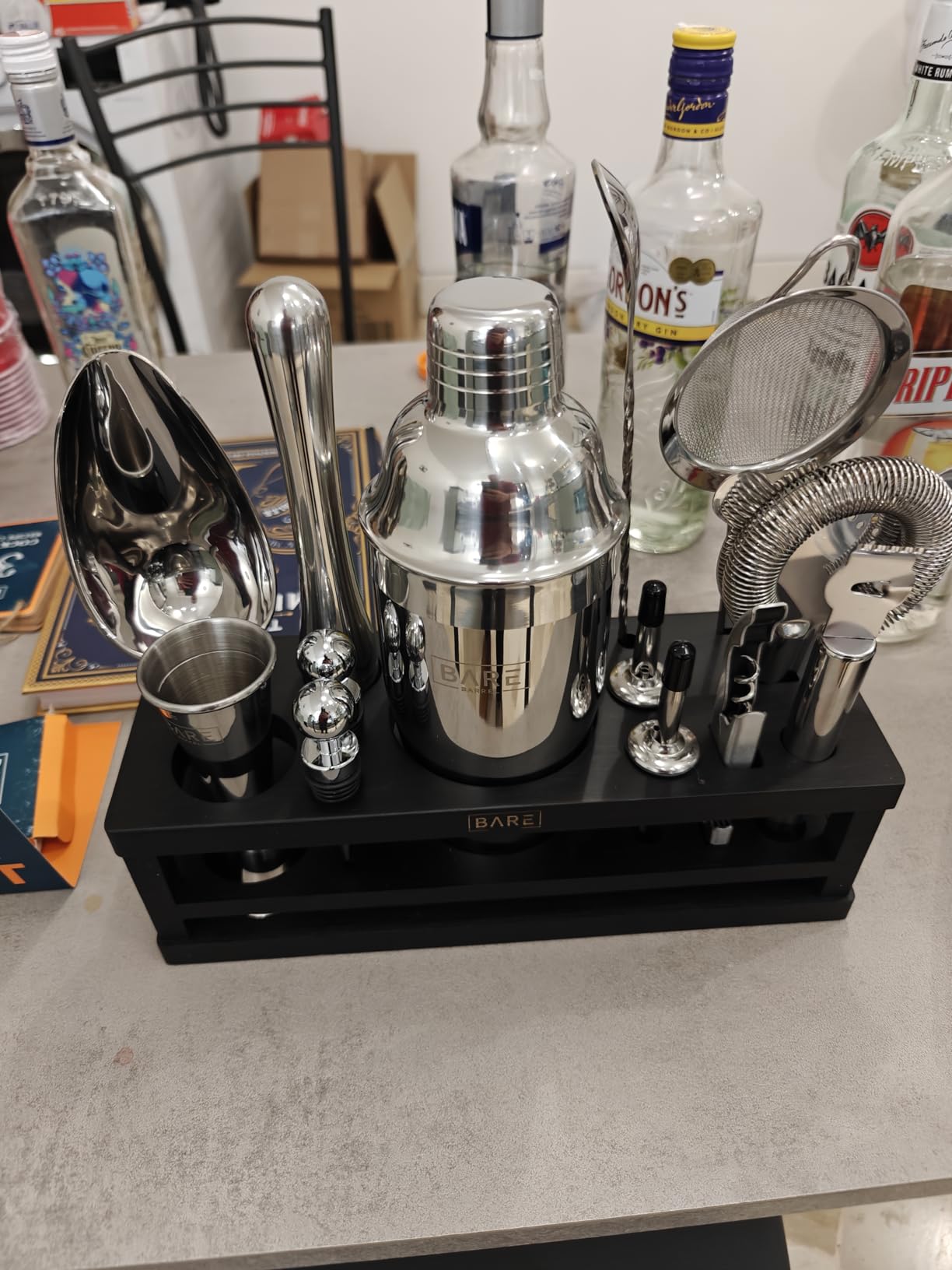 BARE BARREL® Mixology Bartender Kit Bar Set | 16-Piece Cocktail Shaker Set | Martini Barware Mixing Tools for Home Bartending | Incl. 35 Recipe Cards | Gift Set (28oz Boston Shaker, Silver/Black) customer photo 2