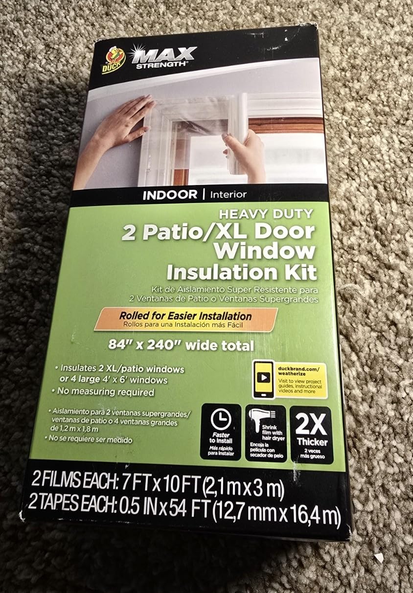 Duck MAX Strength Window Insulation Kit, Fits Patio Doors & Large Windows, Heavy Duty Indoor Shrink Film Insulator, Window Seal Tape Included, 84