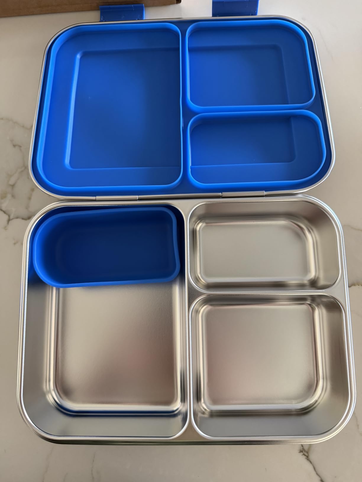 BOSEDSANG Stainless Steel Kids Leak-Resistant Bento Lunch Box, 3-Compartments with Silicone Container, Dishwasher-Safe, Child-Friendly Design for School, Picnics & Travel,BPA-Free (Blue) customer photo 1