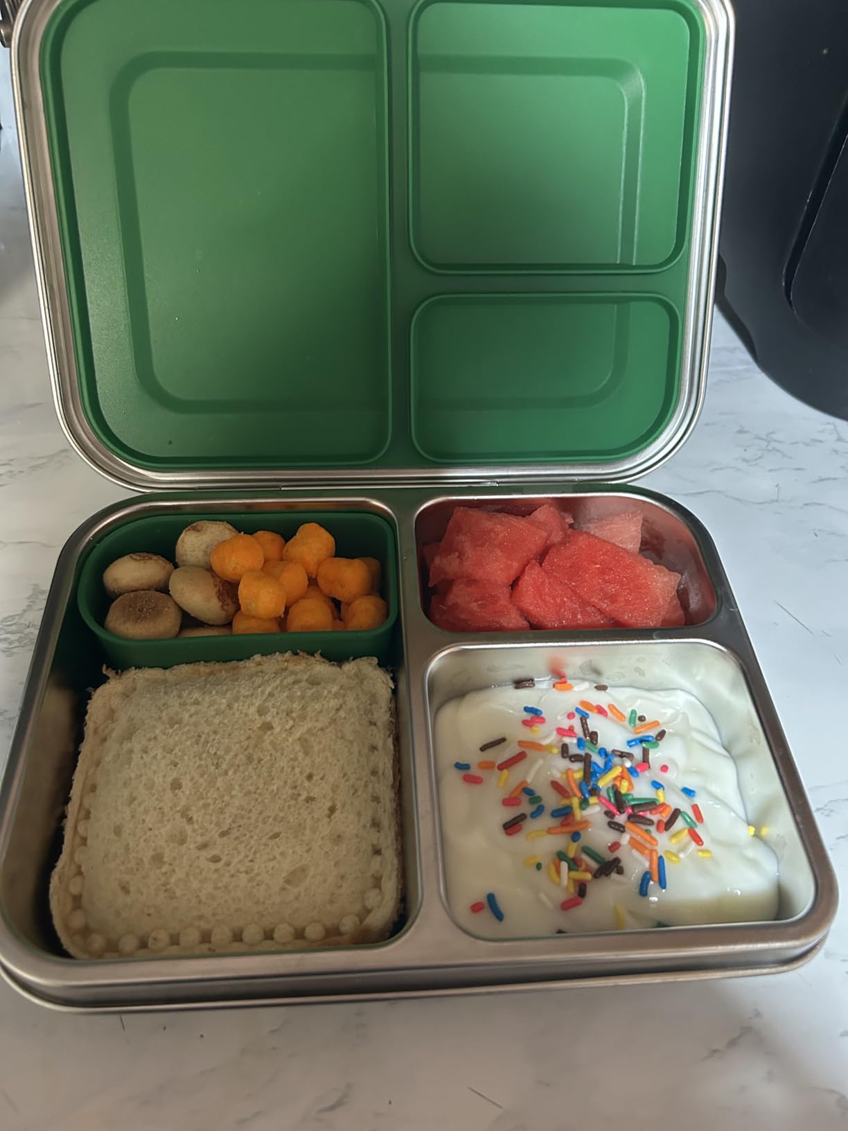 BABHAMNESS Stainless Steel Bento Box Kids, 3 Compartments Leak Proof Metal Bento Lunch Box, 304 Stainless Steel Bento Lunch Containers for School and Office,Dishwasher Safe, BPA-Free-Green customer photo 2