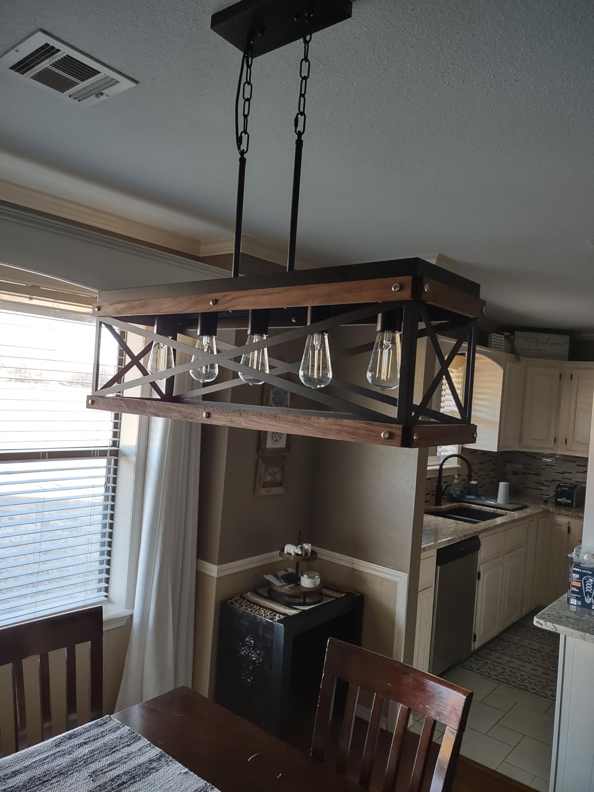 Rustic Farmhouse Wood Kitchen Island Lighting, 6 Lights Rectangular Pendant Light Fixture, Adjustable Chain Oak Wood and Metal Linear Chandelier for Dining Room Kitchen Island Farmhouse, Black customer photo 1