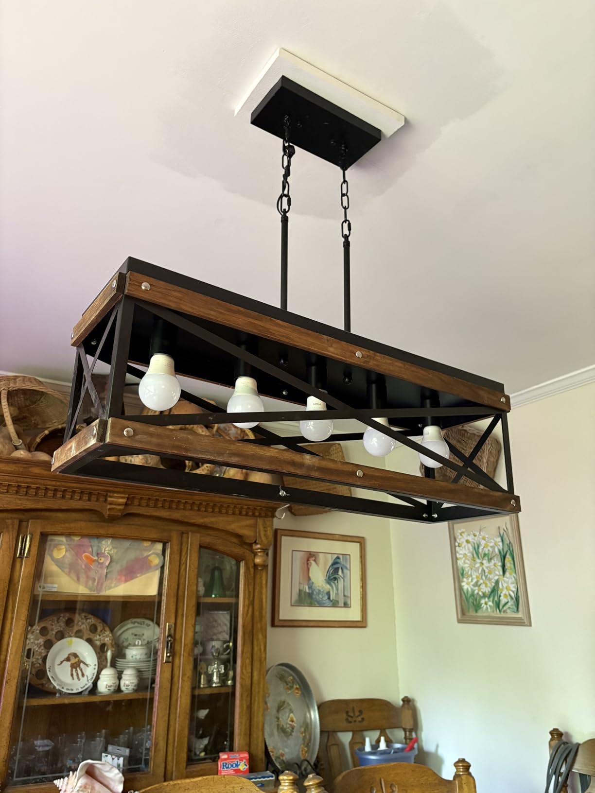 Rustic Farmhouse Wood Kitchen Island Lighting, 6 Lights Rectangular Pendant Light Fixture, Adjustable Chain Oak Wood and Metal Linear Chandelier for Dining Room Kitchen Island Farmhouse, Black customer photo 2