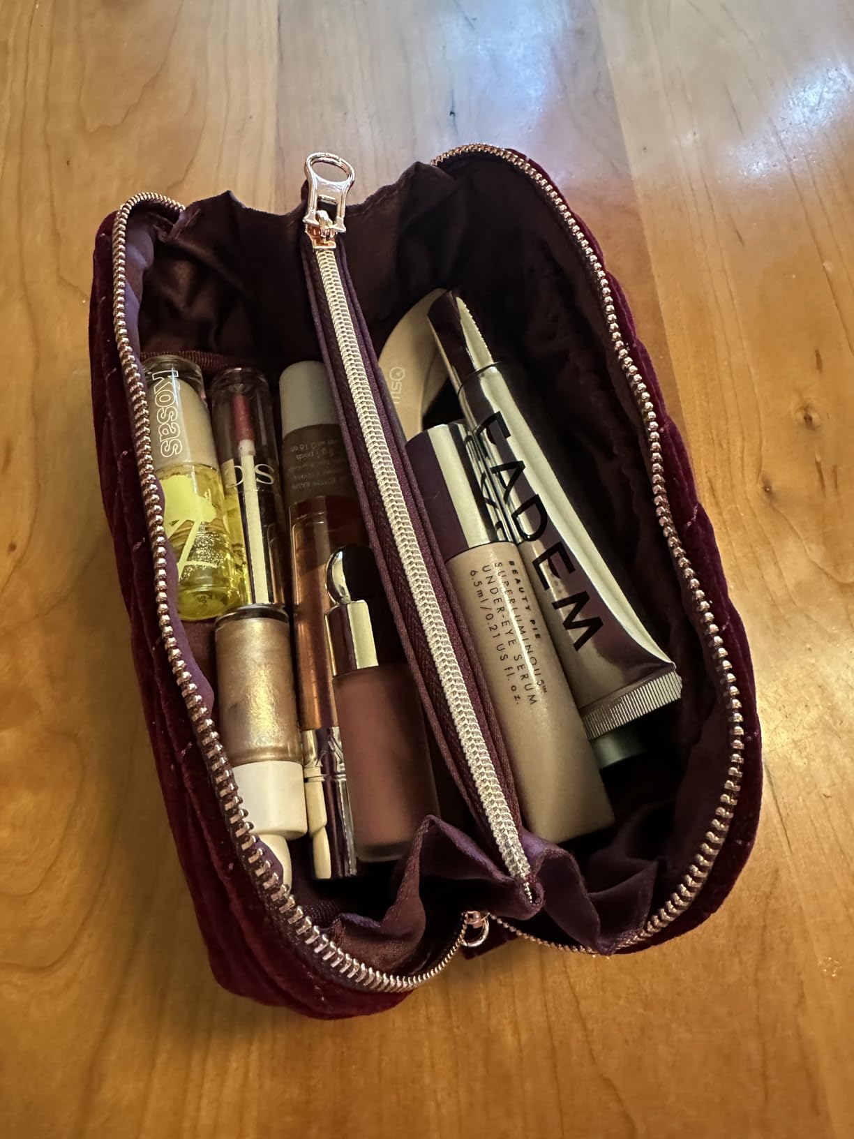 Charlotte Tilbury Travel Makeup Bag of My Dreams - Quilted Velvet Skincare, Fragrance & Cosmetic Organizer with 5 Compartments, Zip Pocket & Top Handle - Iconic Night Crimson Toiletry Bag customer photo 2