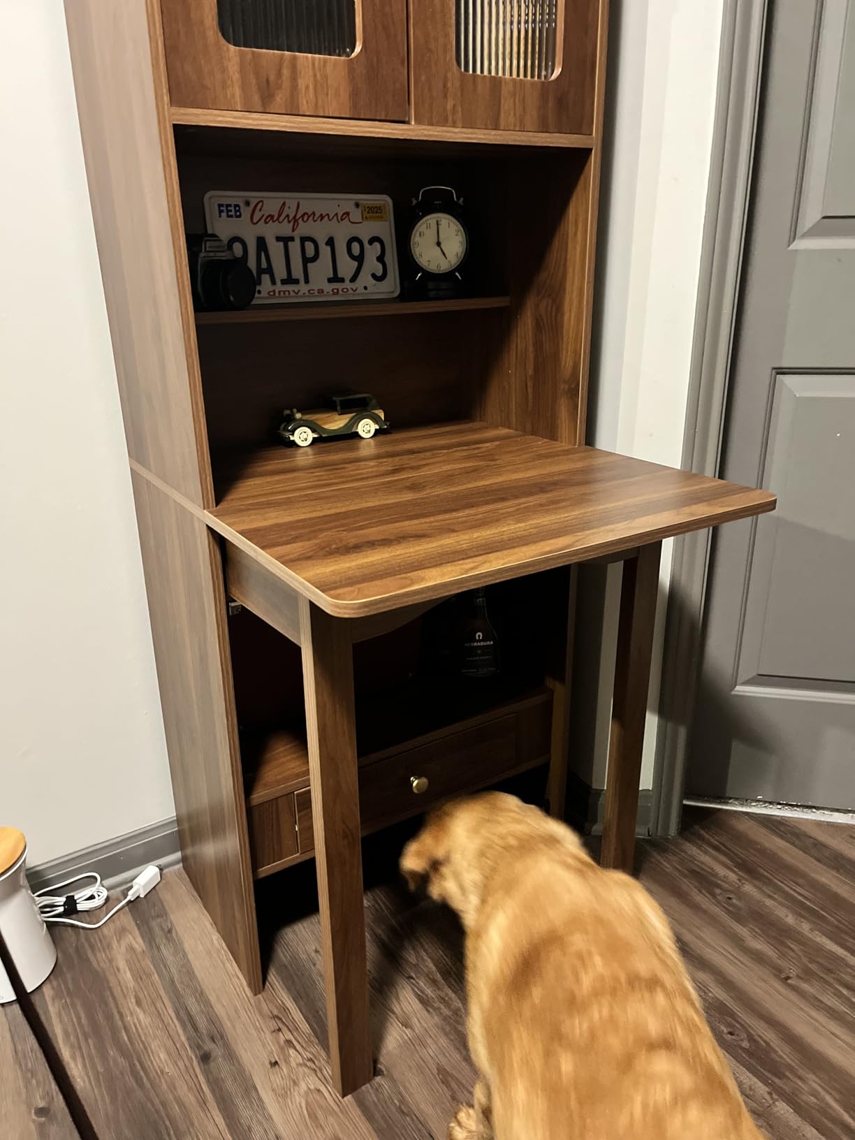 KEIKI Fold-Out Home Office Desks Writing Table with Glass Doors, Drawers, Bookshelf & Storage Shelves, Modern Wooden Convertible Workstation for Work, Study customer photo 2