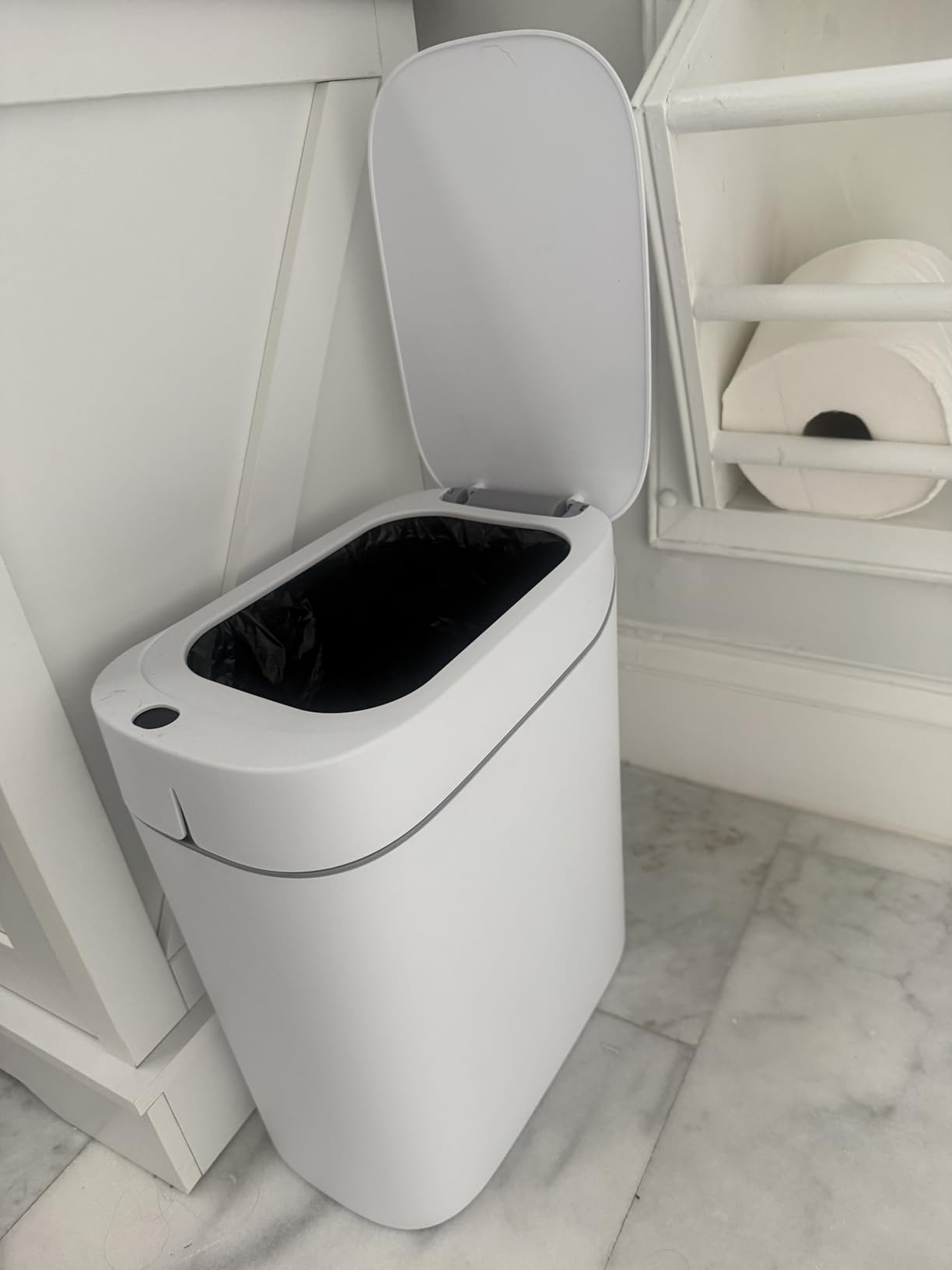 MOPUP Bathroom Trash Can, Automatic Bagging Garbage Can, 3.5 Gallon Slim Smart Small Plastic Trash Bin, Narrow Motion Sensor Trash Can for Bedroom, Office White customer photo 1