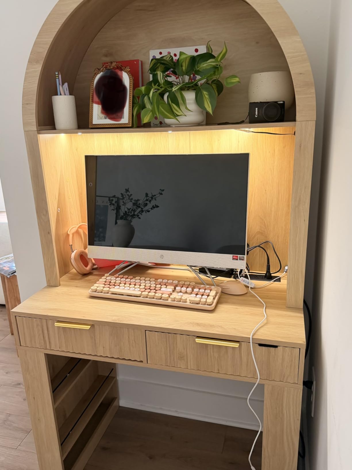 Arched Writing Desk with Hutch, Home Office Desk with 2 Drawers, Secretary Desk with Outlets, 3 Color LED Lights, Open Shelves, Computer Desk for Small Space, Bedroom 35.4
