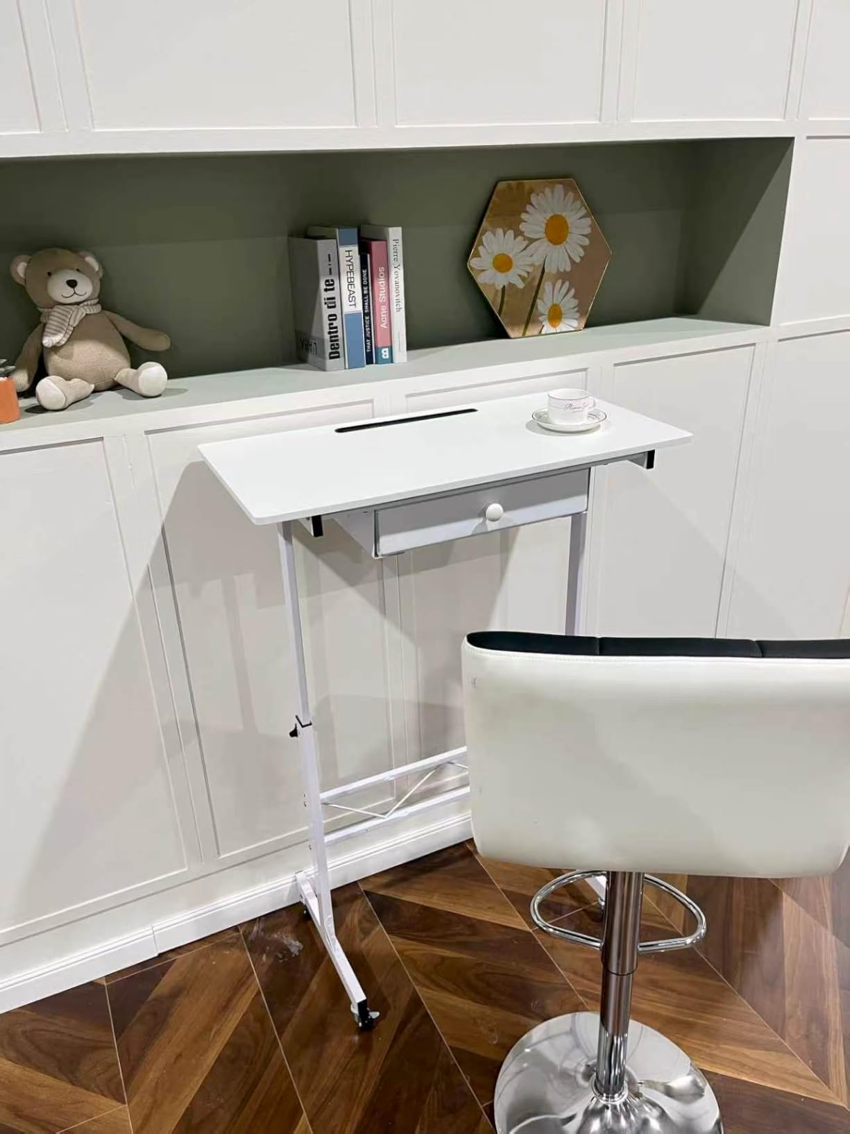 COMHOMA Small Standing Desk with Storage Drawer, Mobile Height Adjustable Rolling Sit Stand Desk with Lockable Wheels 4‑Level Portable Laptop Desk for Small Space Home Office Treadmill Workstation customer photo 2
