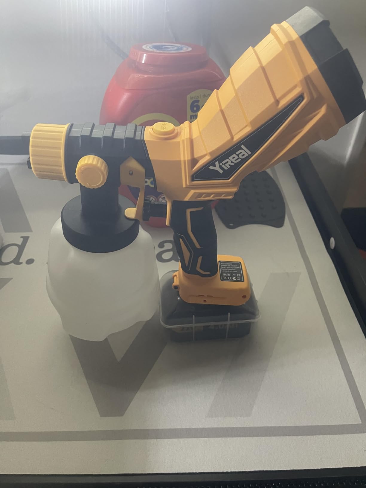 Cordless Paint Sprayer HVLP Gun, 45° Ergonomic Design, 4 Spray Nozzles & Patterns, 2×1200ml Cups, Battery Powered Sprayer for Home Furniture Cabinets Walls, Includes 2×4.0Ah Batteries + LED Light customer photo 1