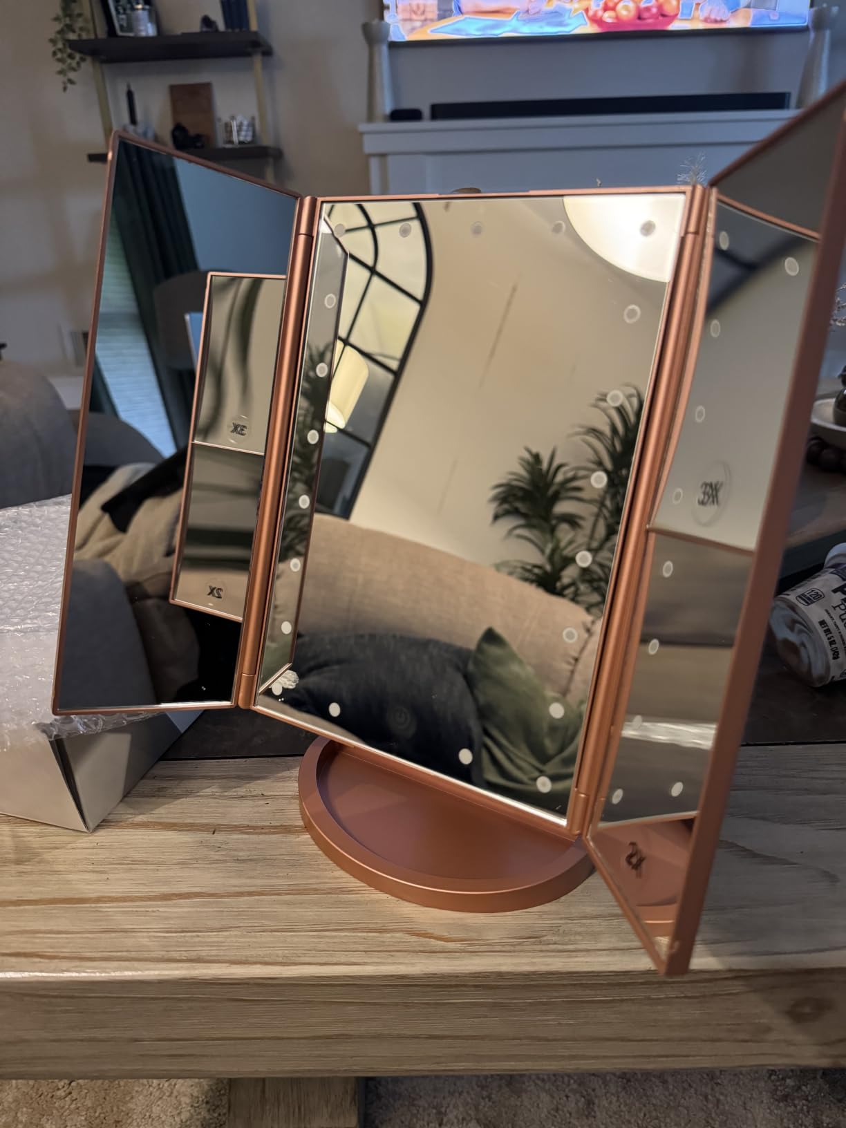 deweisn Dresser Mount Tri-Fold Lighted Vanity Mirror with 21 LED Lights, Touch Screen and 3X/2X/1X Magnification, Two Power Supply Modes Make Up Mirror,Travel Mirror customer photo 2