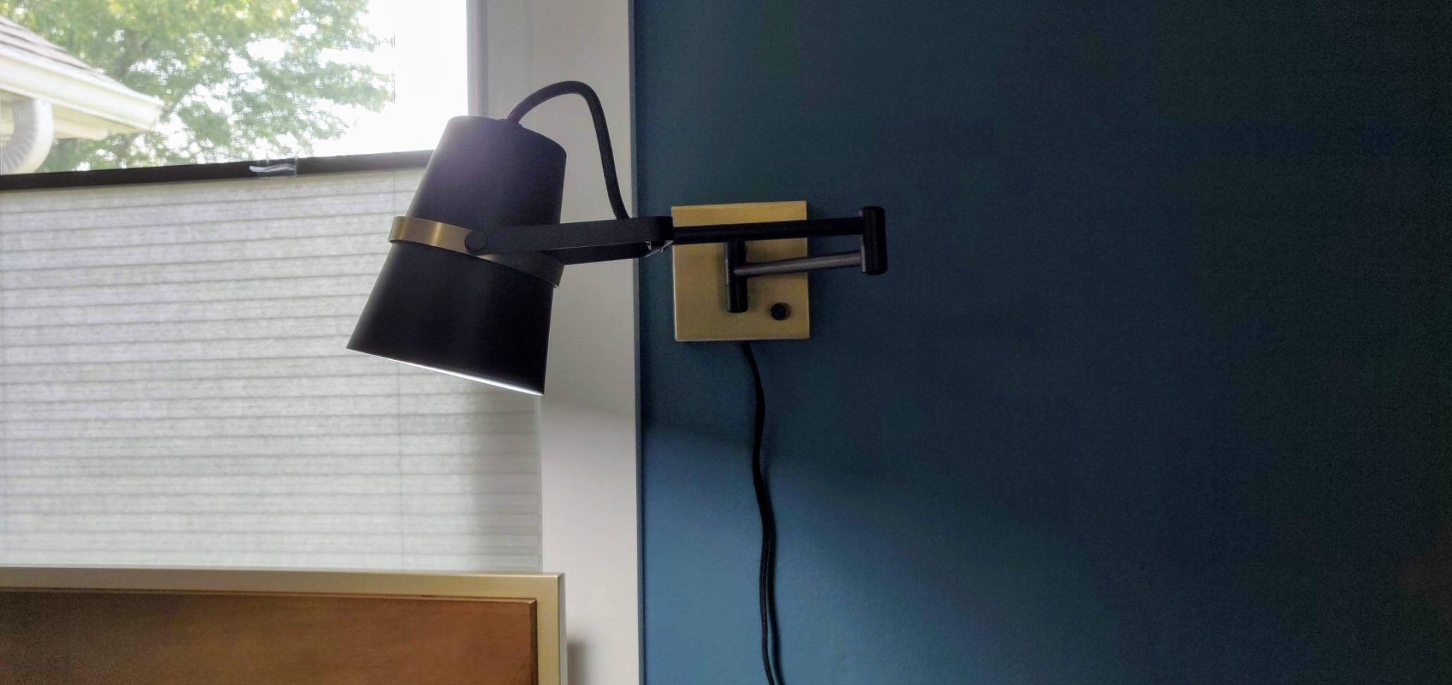 Globe Electric 51345 1-Light Plug-in or Hardwire Swing Arm Wall Sconce, Matte Black, Brass Accents, 6ft Woven Fabric Cord, Flat Plug, Rotary Switch, Modern Light for Apartments and Rental customer photo 2