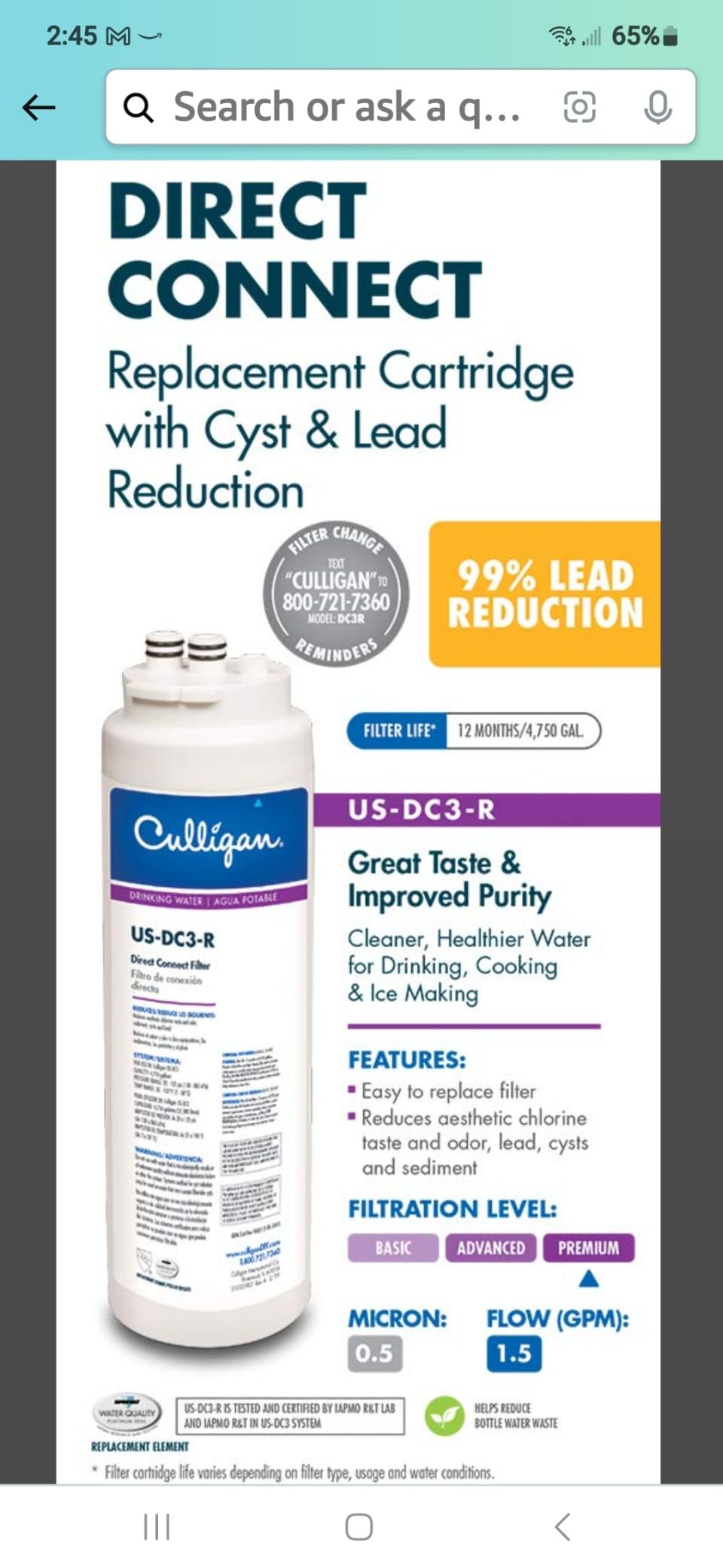 Culligan US-DC3-R Under Sink Water Filter, 0.5 Micron, Lead & Chlorine customer photo 2