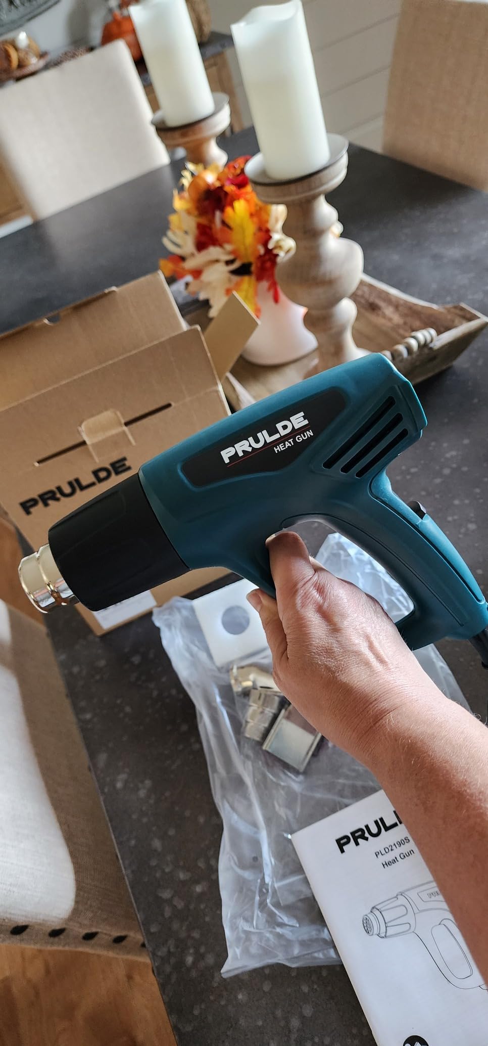 PRULDE Heat Gun, 1500W Dual Temperature Settings 572°F~1112°F Fast Heating Hot Air Gun with 6.5Ft Power Cord/4 Nozzles/Overload Protection for Crafts, Shrink Wrapping/Tubing, Paint Removing(N2190) customer photo 2