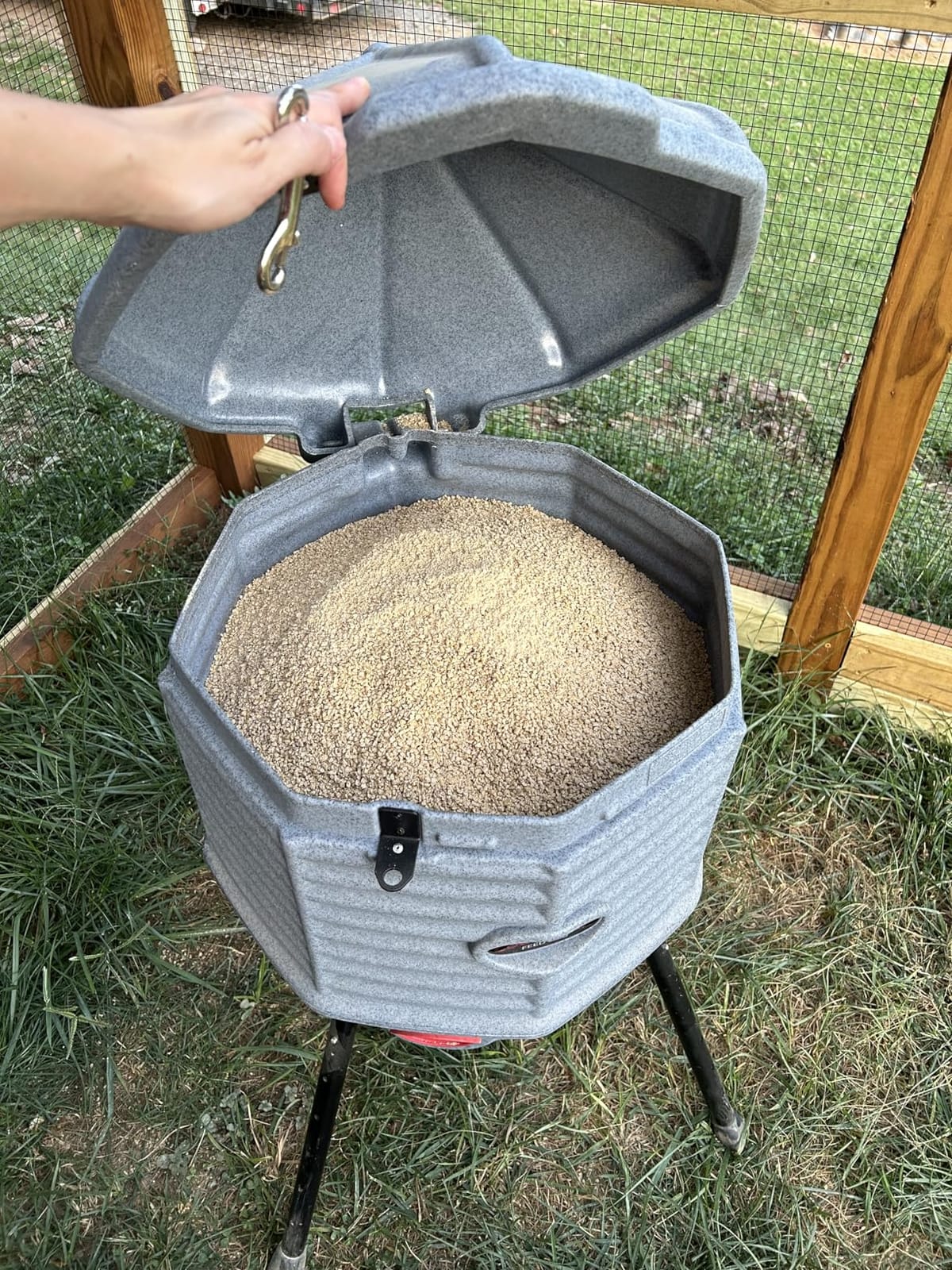 CoopWorx Poultry Feeder 80 lb Capacity - Adjustable Height Chicken Feeder - UV Stable Rotomolded - 8 Soft-Touch Ports - Roost-Resistant Lockable Lid - Made in USA customer photo 1