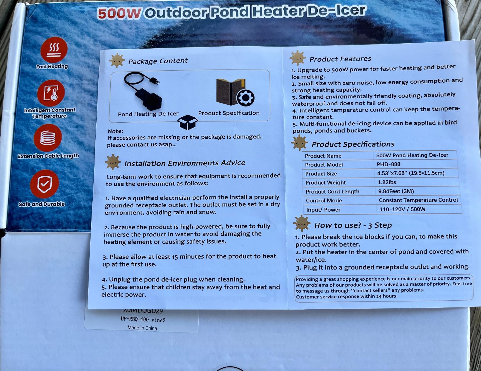 500W Pond Heater Submergible De-icer Cast Aluminum Chicken Water Heater,Stock Tank Heater for Livestock/Horse/Fish/Bird Bath Winter Outdoor, 10ft (500W) customer photo 2