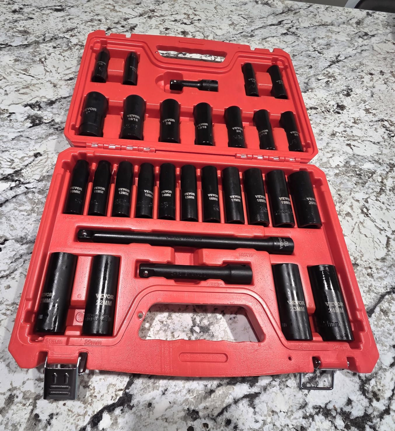 VEVOR 9-Piece Lug Nut Impact Socket Set 1/2 Inch Drive, Metric and SAE, 6-Point, CR-MO, Deep Wheel Protector Impact Socket Set With Storage Case and Extension Bar for Auto Repair customer photo 2