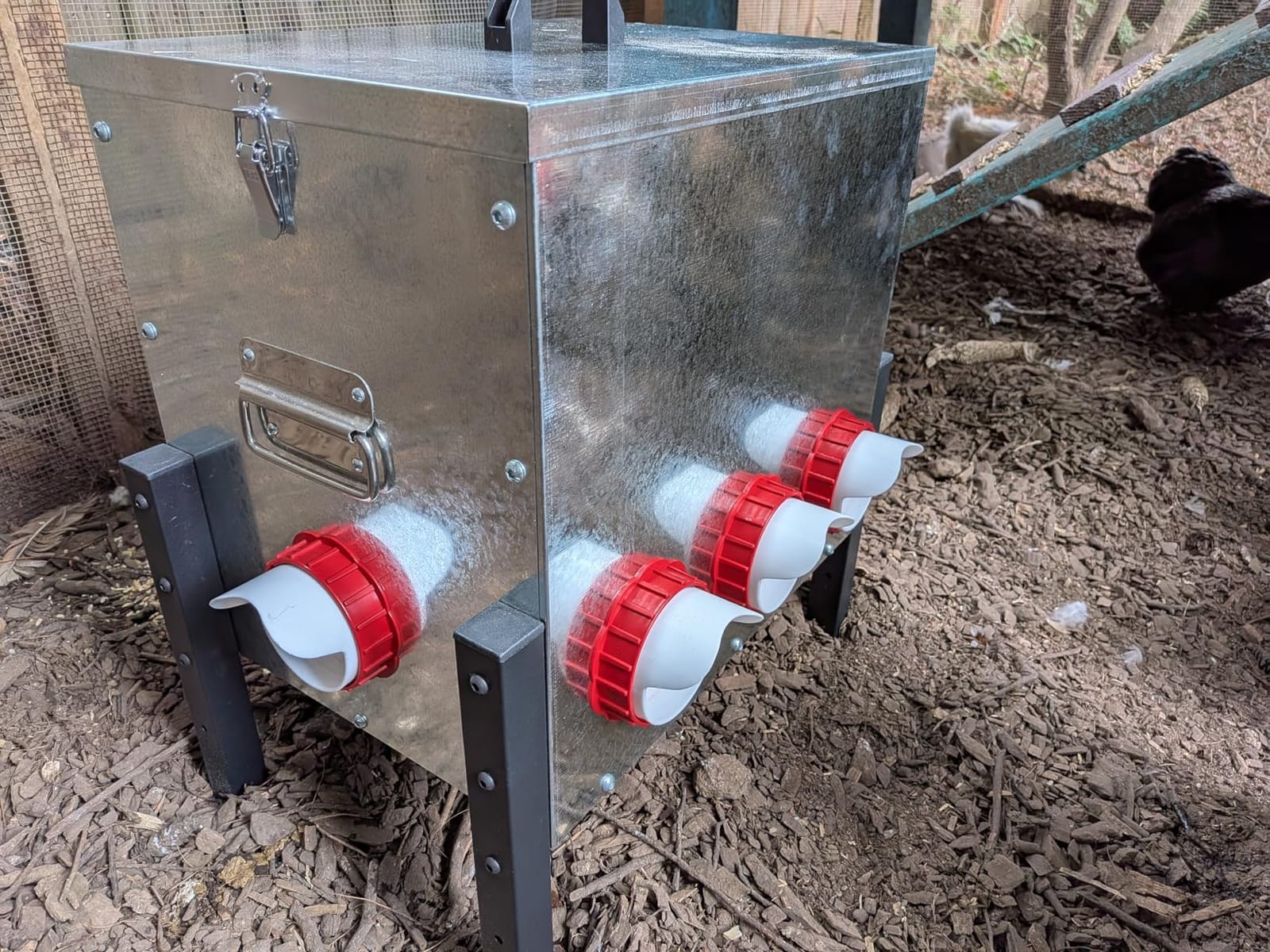 100LB Automatic Chicken Feeder with Cover – Large Capacity Metal Chicken Coop Feeder with 12 Feed Ports, Adjustable Legs Rainproof No Waste Outdoor Poultry Feeder for Hens & Free Range Flocks customer photo 1
